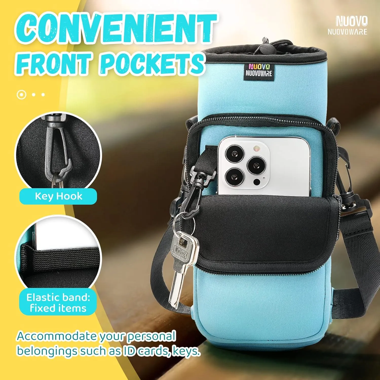 Nuovoware Water Bottle Carrier Bag,25oz/40oz/64oz Bottle Pouch Holder,Adjustable Shoulder Hand Strap 2 Pocket Sling Neoprene Sleeve Sports Accessories for Hiking Travelling Camping