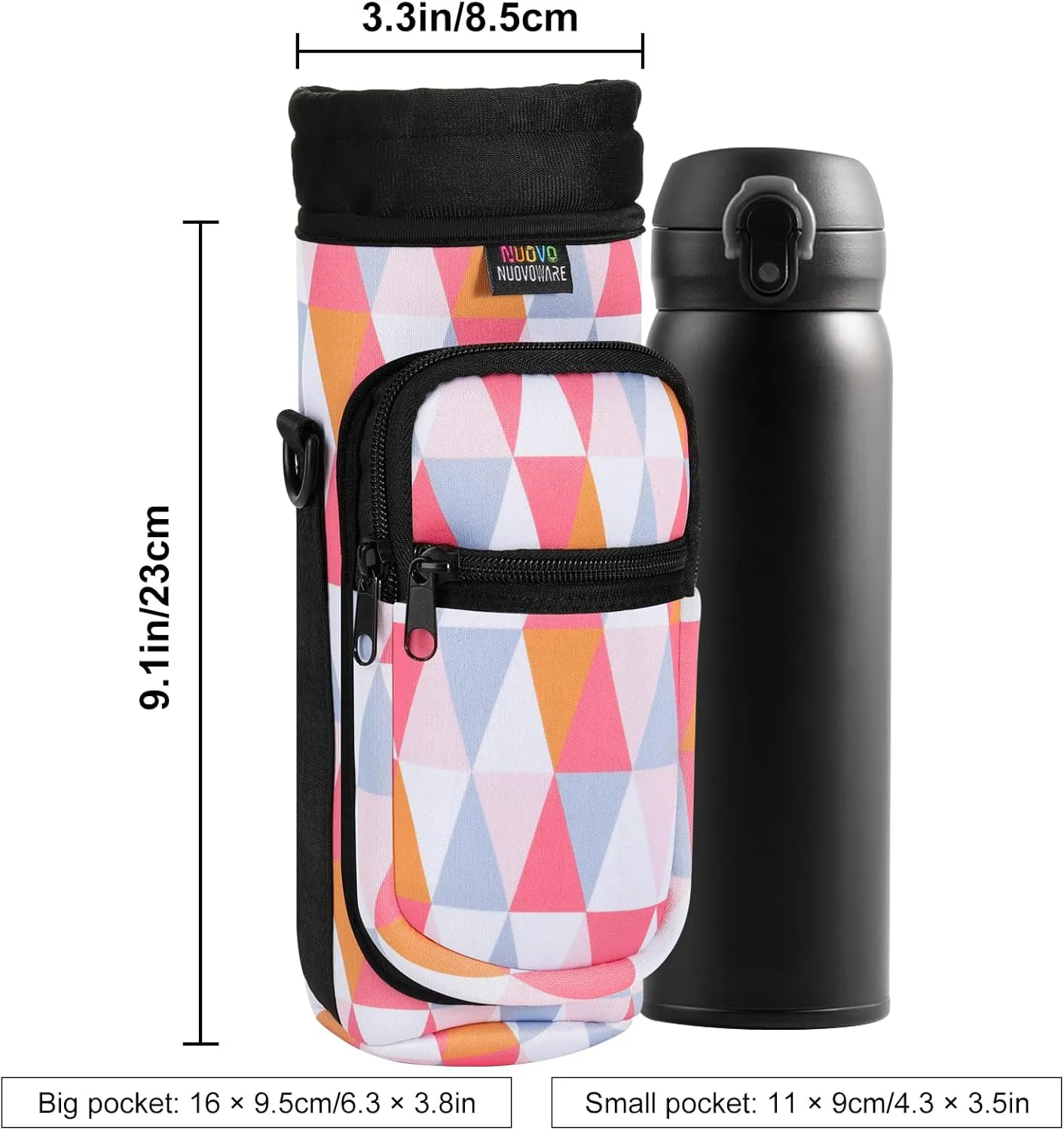 Nuovoware Water Bottle Carrier Bag,25oz/40oz/64oz Bottle Pouch Holder,Adjustable Shoulder Hand Strap 2 Pocket Sling Neoprene Sleeve Sports Accessories for Hiking Travelling Camping