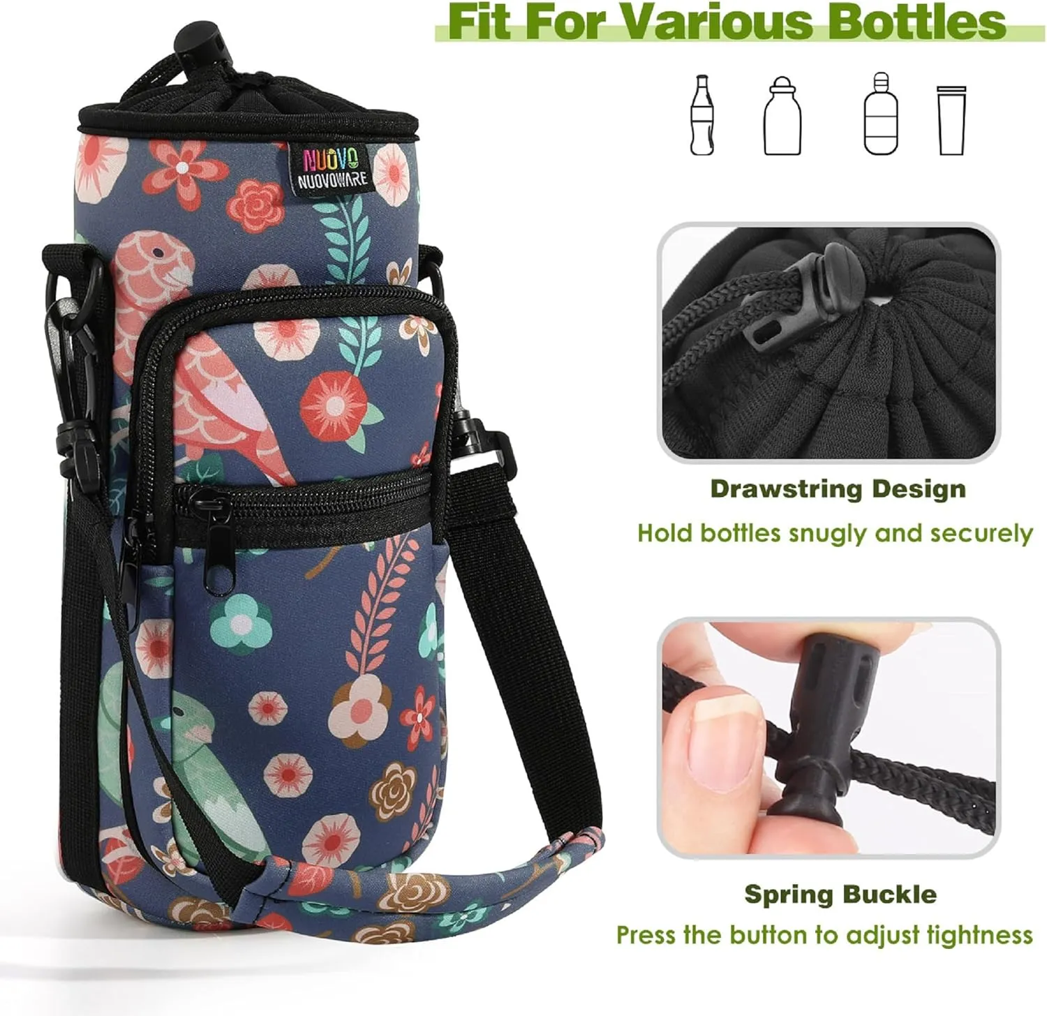 Nuovoware Water Bottle Carrier Bag,25oz/40oz/64oz Bottle Pouch Holder,Adjustable Shoulder Hand Strap 2 Pocket Sling Neoprene Sleeve Sports Accessories for Hiking Travelling Camping