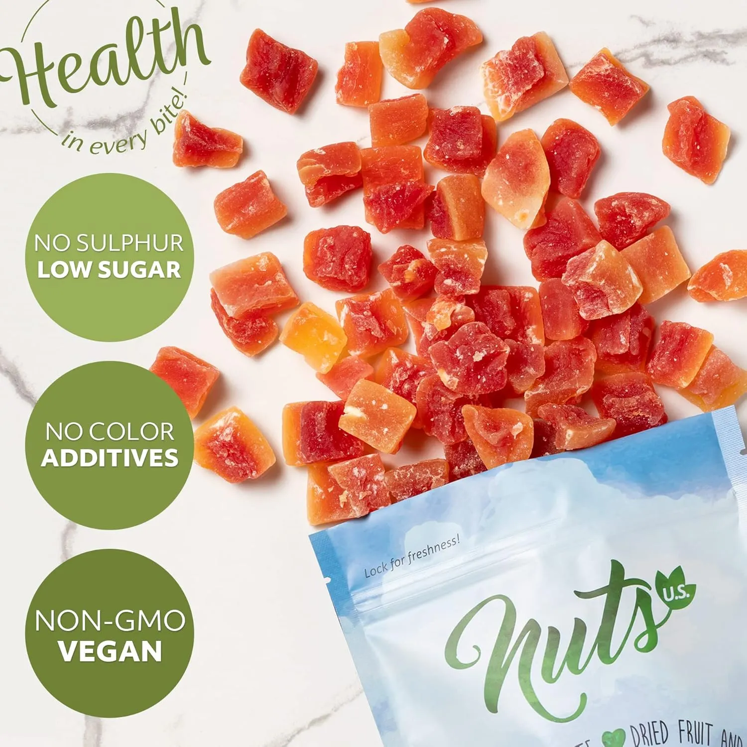 NUTS U.S. - Unsulphured Dried Papaya Chunks | Low Sugar | No Color Added | NON-GMO and Gluten Free | Vegan Snacks | Packed in a Resealable Bag!!! (2 LBS)