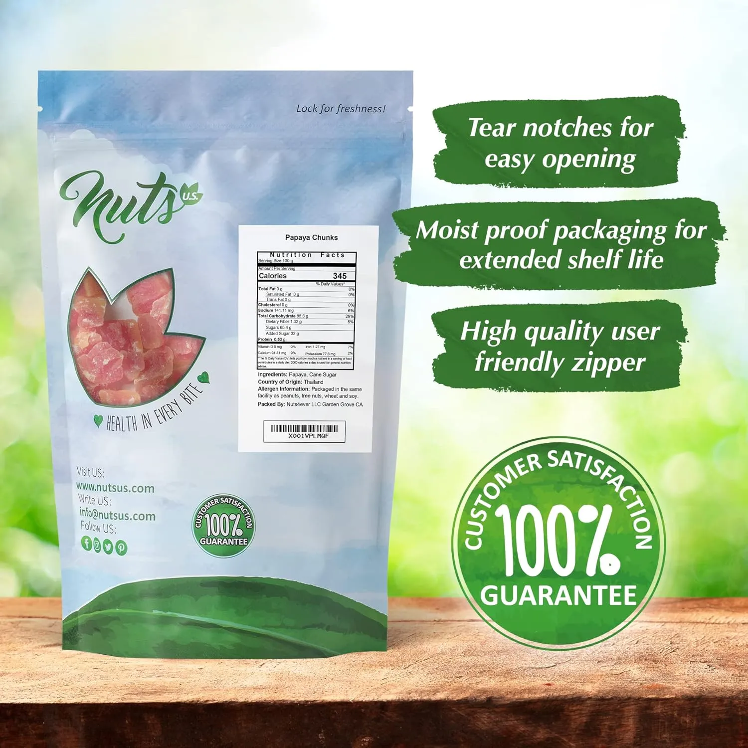 NUTS U.S. - Unsulphured Dried Papaya Chunks | Low Sugar | No Color Added | NON-GMO and Gluten Free | Vegan Snacks | Packed in a Resealable Bag!!! (2 LBS)