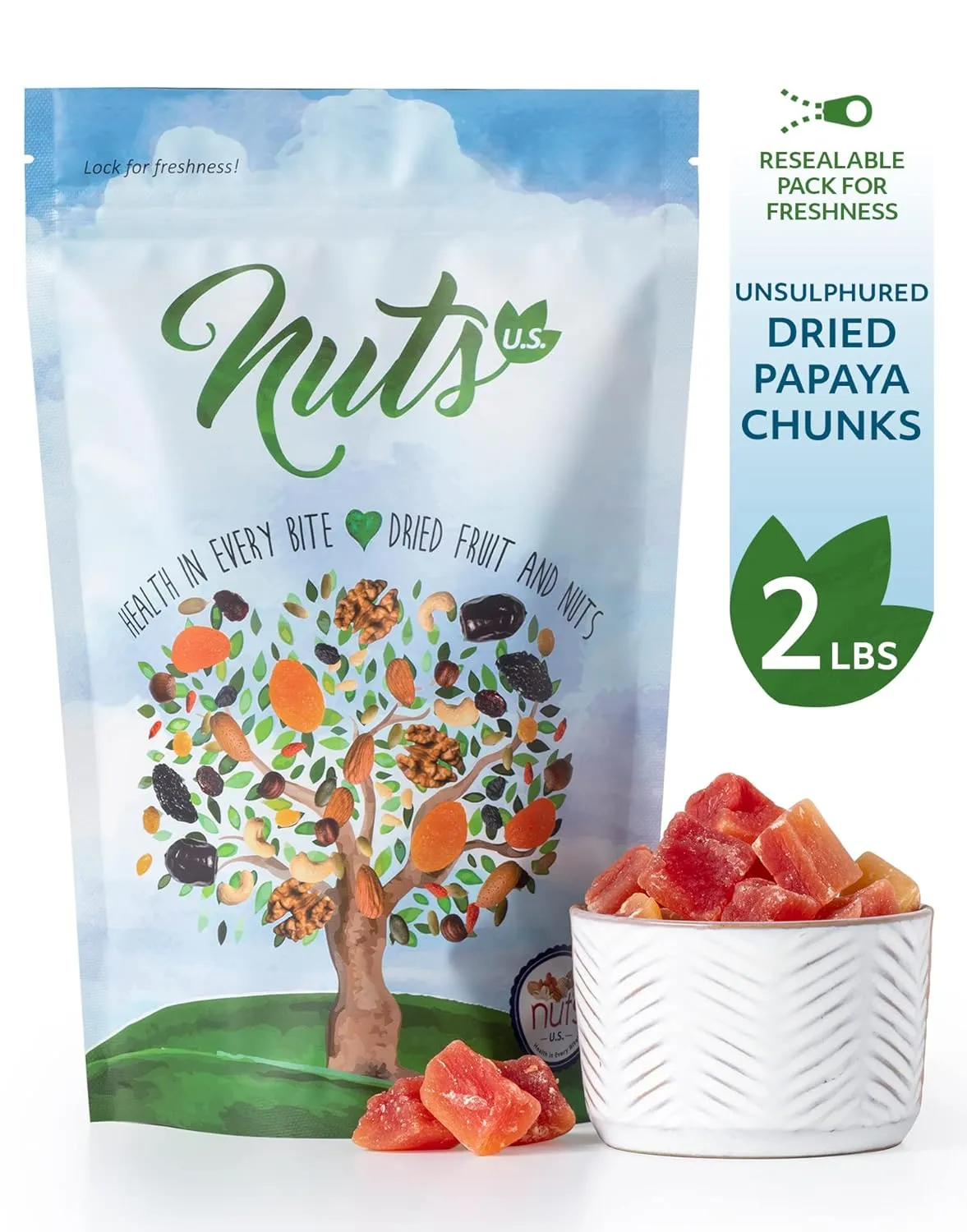 NUTS U.S. - Unsulphured Dried Papaya Chunks | Low Sugar | No Color Added | NON-GMO and Gluten Free | Vegan Snacks | Packed in a Resealable Bag!!! (2 LBS)