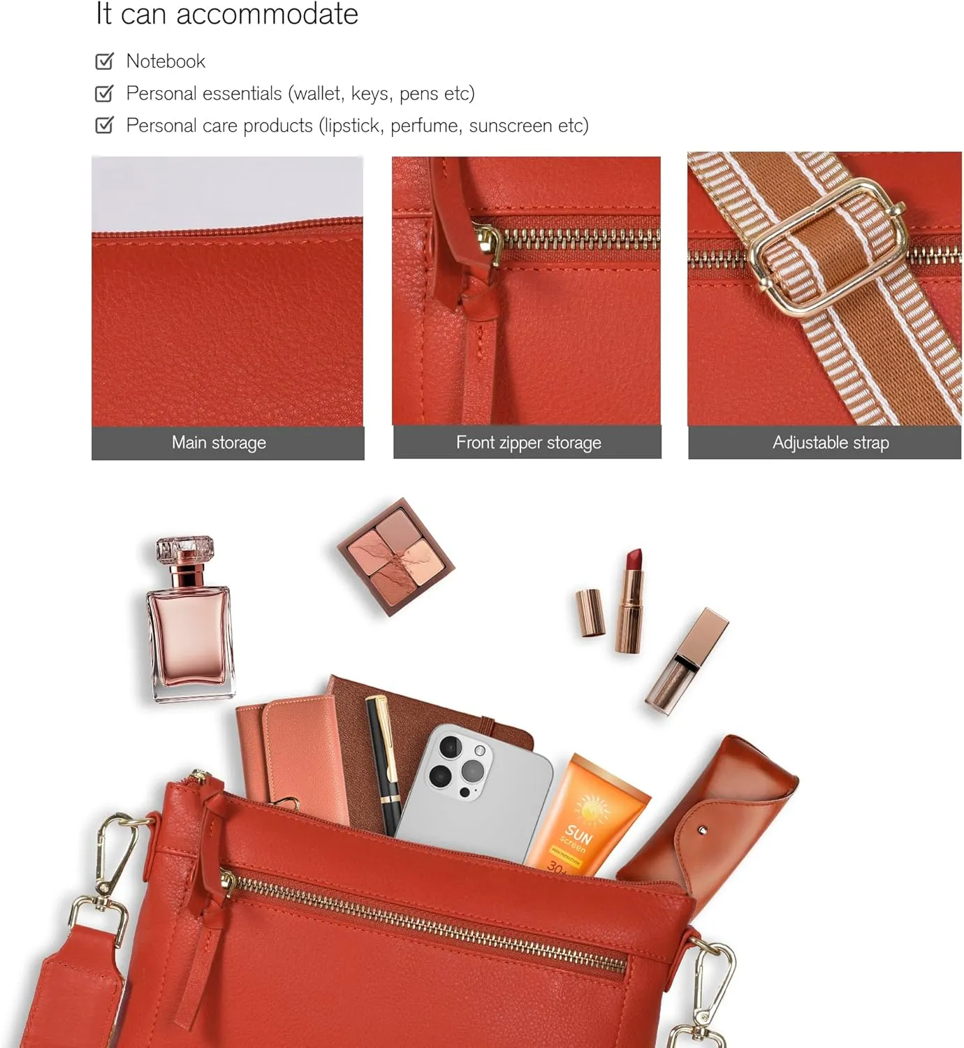 Oak Leathers Small Crossbody Bag For Women With Adjustable, Wide Strap - Real Leather Crossover Shoulder Purse