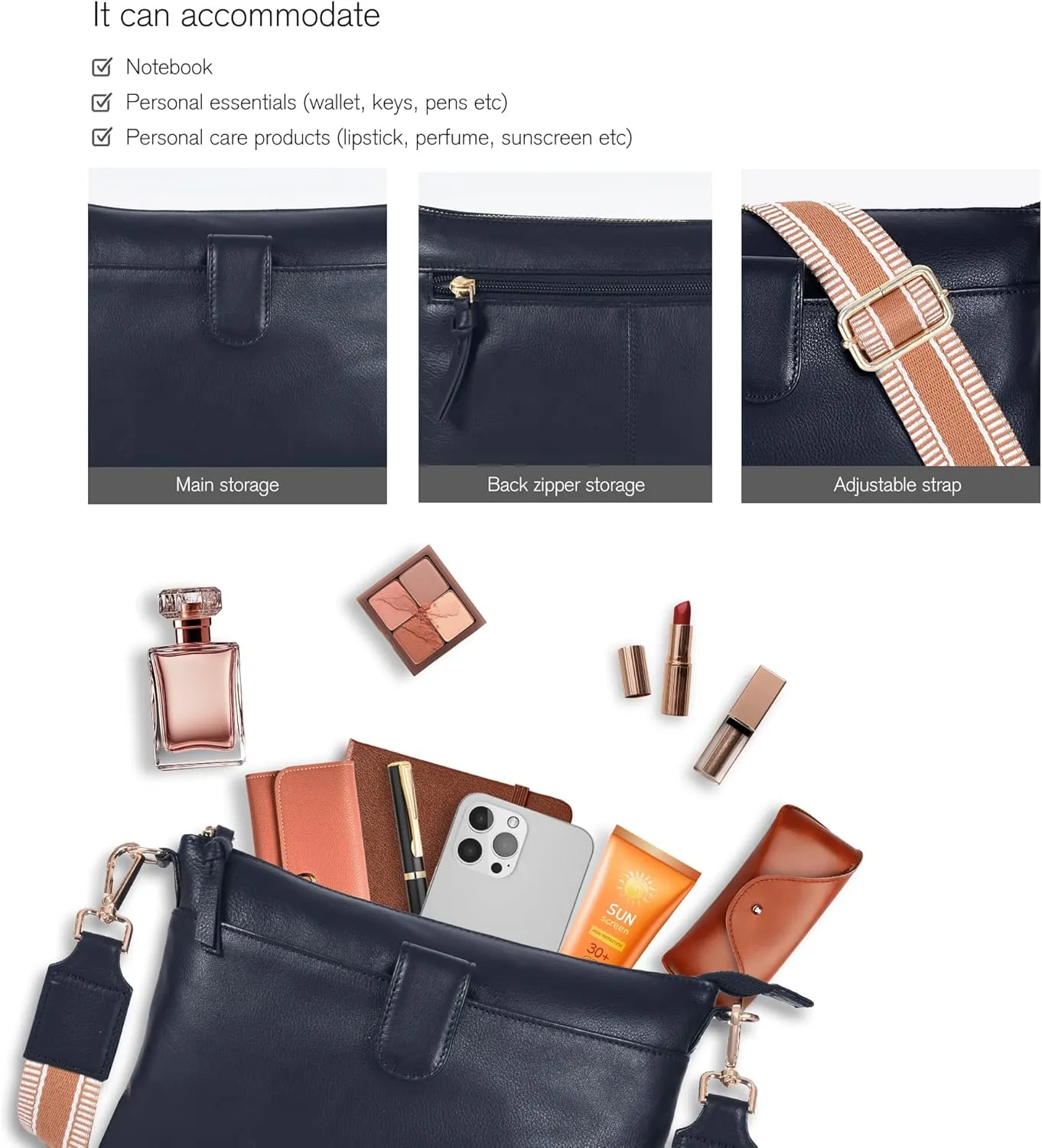 Oak Leathers Small Crossbody Bag For Women With Adjustable, Wide Strap - Real Leather Crossover Shoulder Purse