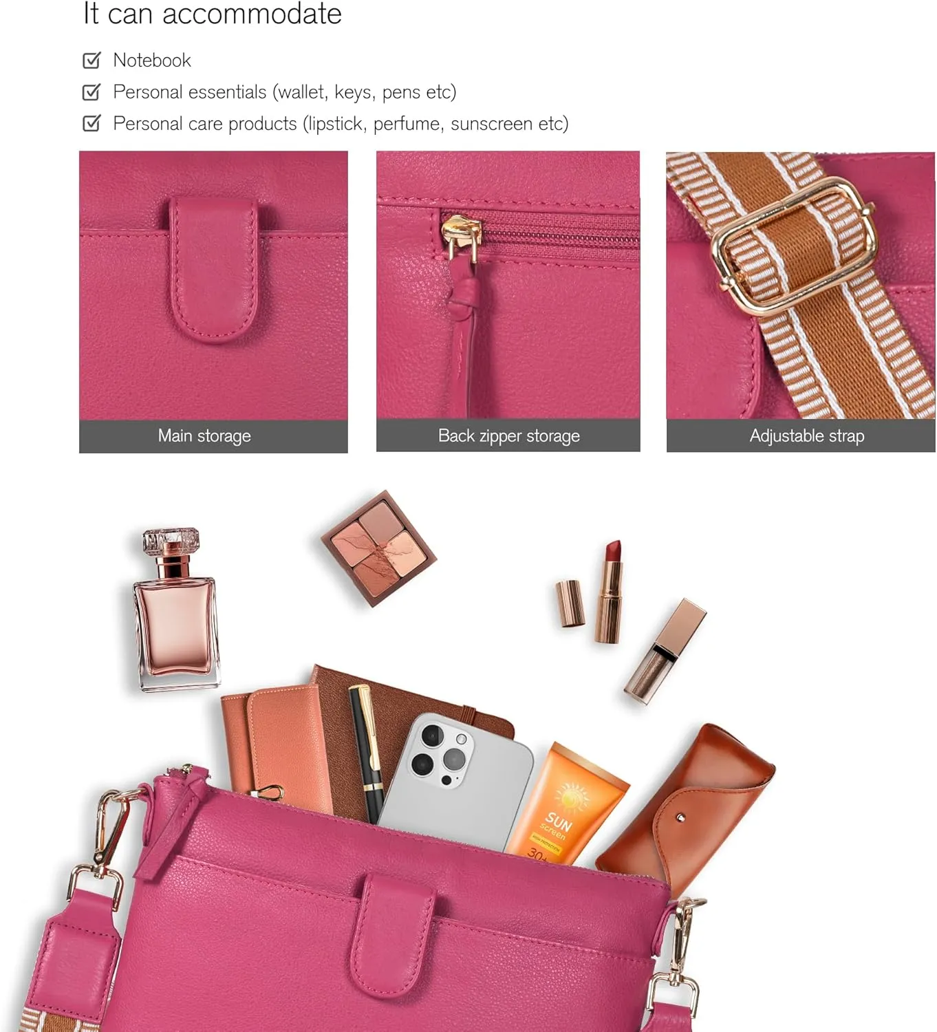 Oak Leathers Small Crossbody Bag For Women With Adjustable, Wide Strap - Real Leather Crossover Shoulder Purse