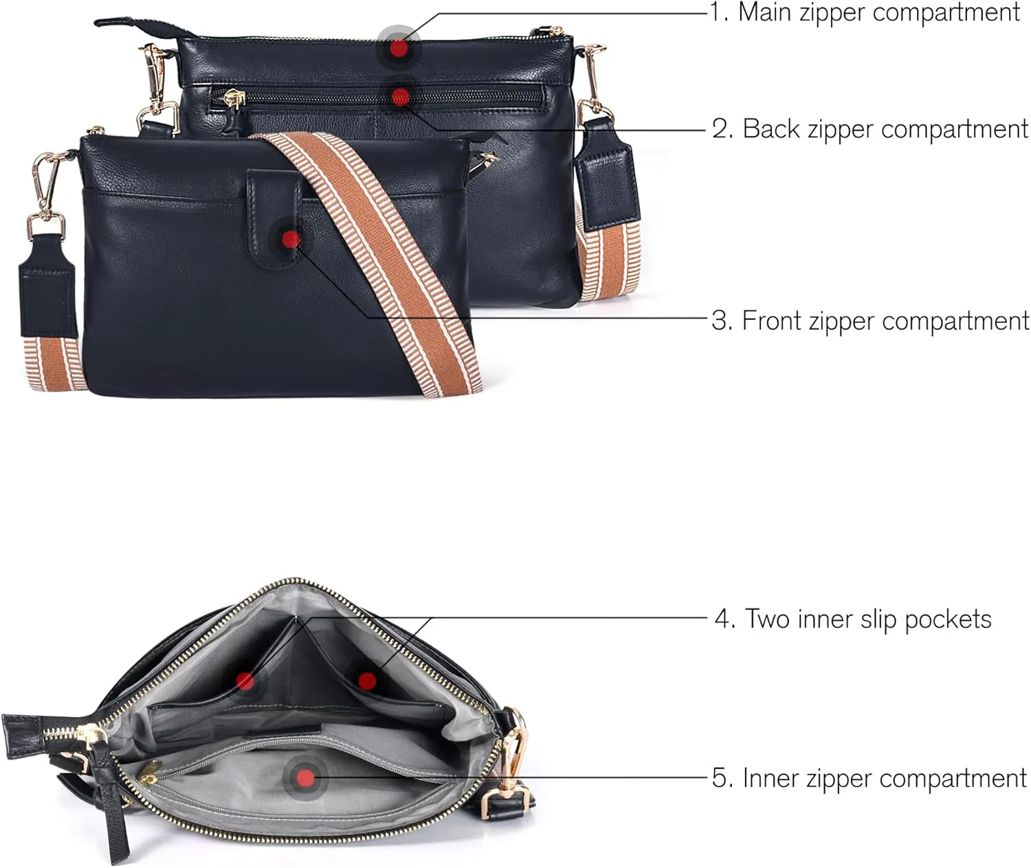 Oak Leathers Small Crossbody Bag For Women With Adjustable, Wide Strap - Real Leather Crossover Shoulder Purse