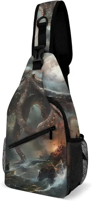 Ocean Octopus Pirate Ship Crossbody Bag Over Shoulder Sling Backpack Casual Cross Chest Side Pouch 38x20cm