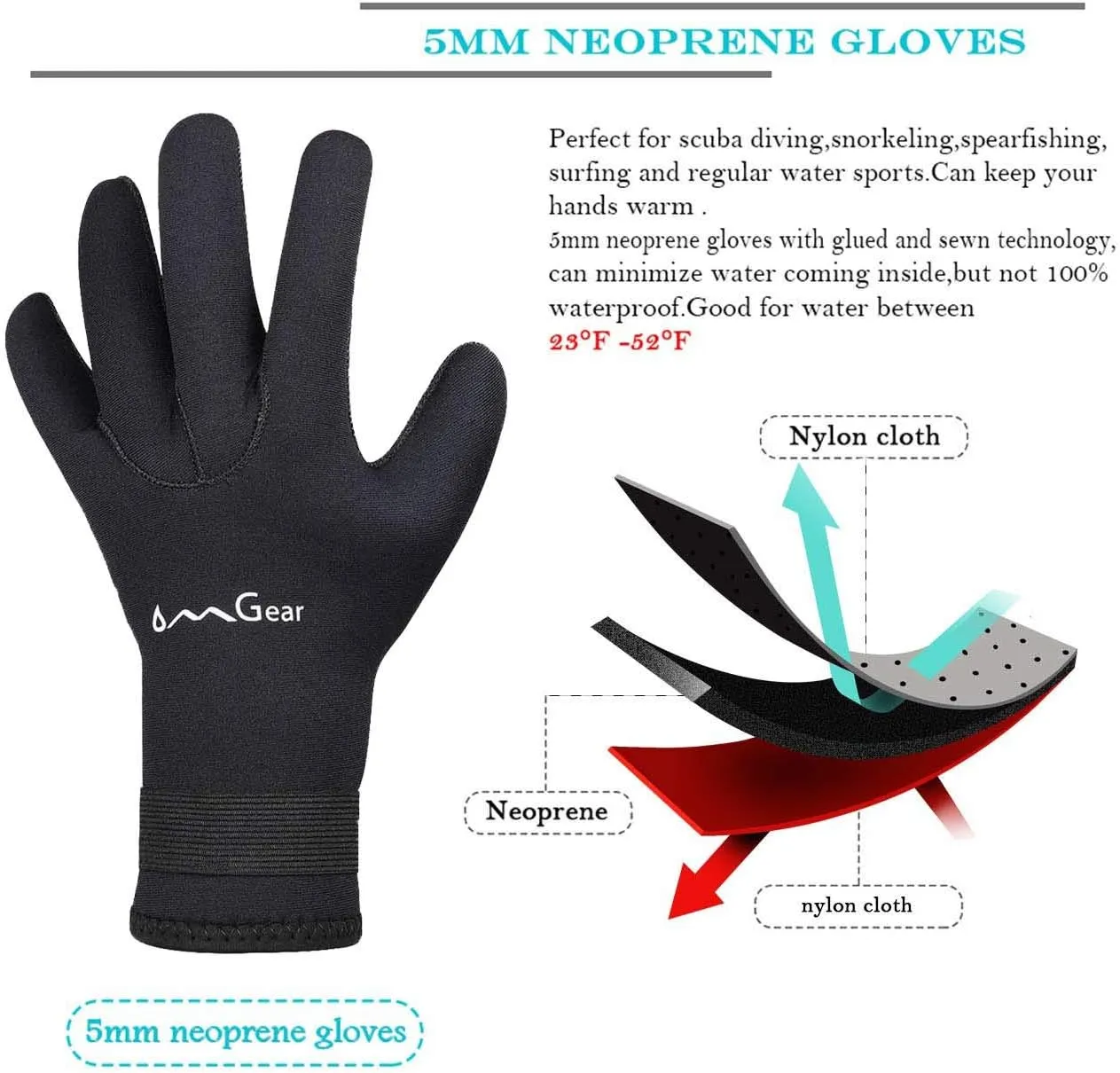 OMGear Neoprene Gloves Diving Wetsuit Gloves 3mm Flexible Thermal with Adjustable Waist Strap for Snorkeling Scuba Diving Surfing Kayaking Rafting Spearfishing Sailing