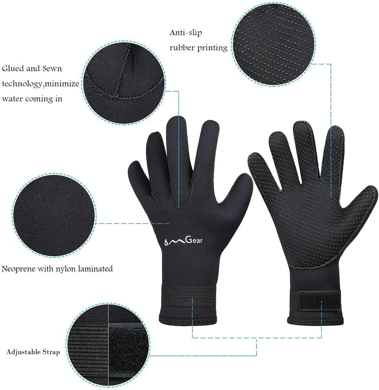 OMGear Neoprene Gloves Diving Wetsuit Gloves 3mm Flexible Thermal with Adjustable Waist Strap for Snorkeling Scuba Diving Surfing Kayaking Rafting Spearfishing Sailing