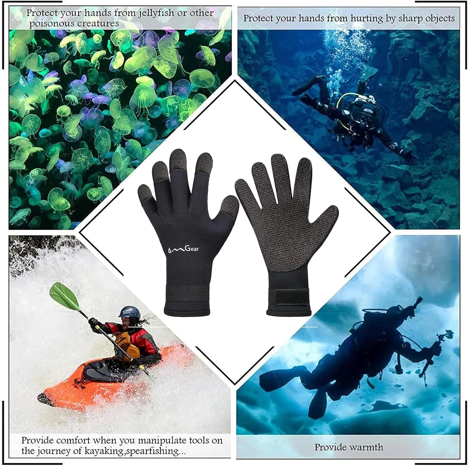 OMGear Neoprene Gloves Diving Wetsuit Gloves 3mm Flexible Thermal with Adjustable Waist Strap for Snorkeling Scuba Diving Surfing Kayaking Rafting Spearfishing Sailing