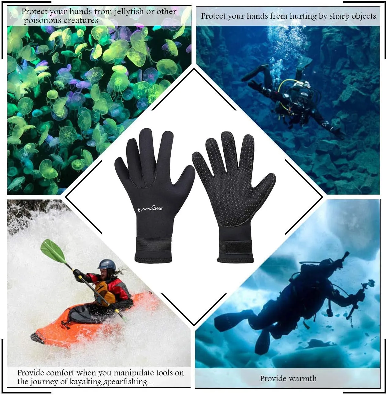 OMGear Neoprene Gloves Diving Wetsuit Gloves 3mm Flexible Thermal with Adjustable Waist Strap for Snorkeling Scuba Diving Surfing Kayaking Rafting Spearfishing Sailing