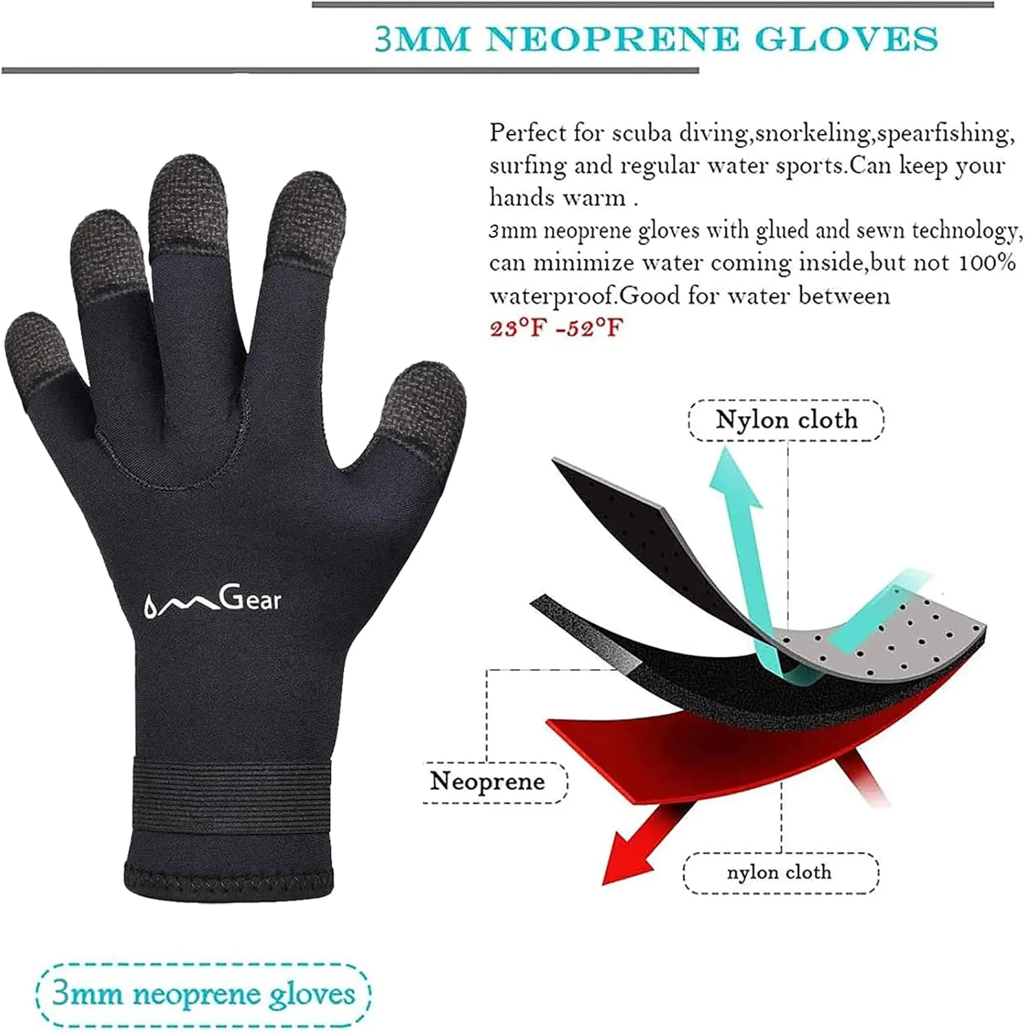 OMGear Neoprene Gloves Diving Wetsuit Gloves 3mm Flexible Thermal with Adjustable Waist Strap for Snorkeling Scuba Diving Surfing Kayaking Rafting Spearfishing Sailing