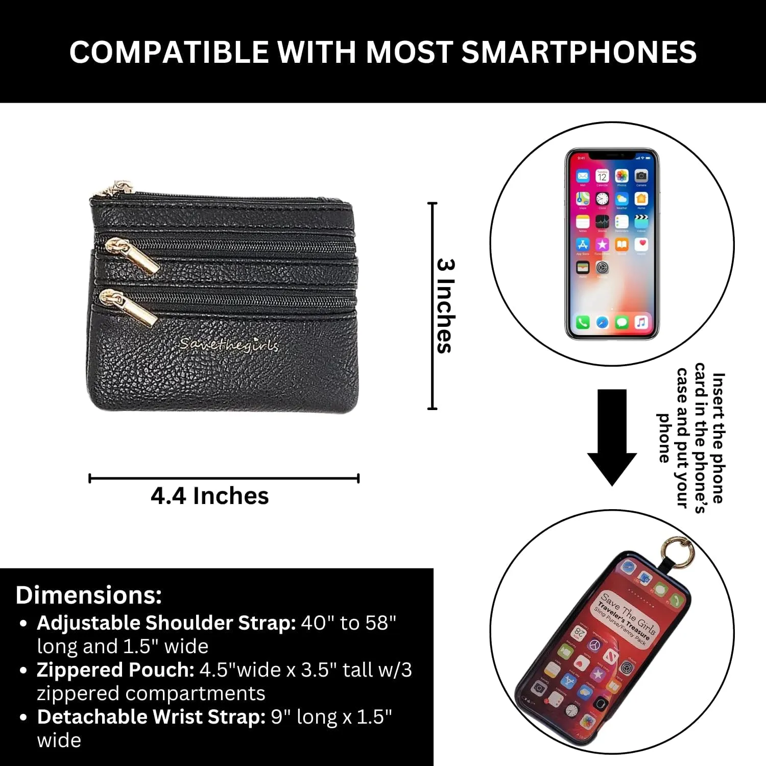 Original Clip and Go Phone Strap Original (Cowhide Print - Dark Brown Pouch) - Crossbody Phone Strap Chain with Zipper Wallet Pouch – Phone Lanyard with Zippered Pouch