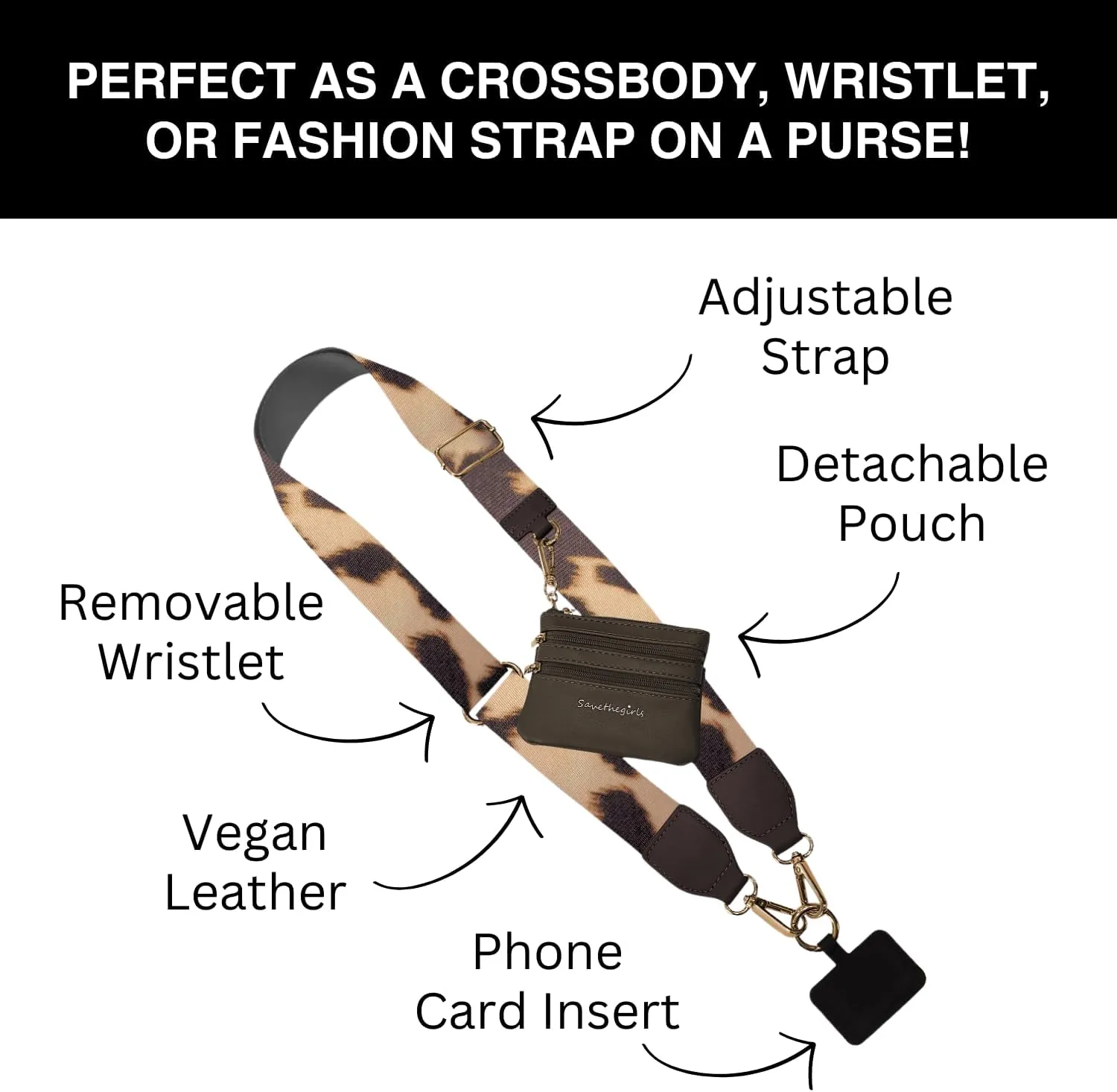Original Clip and Go Phone Strap Original (Cowhide Print - Dark Brown Pouch) - Crossbody Phone Strap Chain with Zipper Wallet Pouch – Phone Lanyard with Zippered Pouch