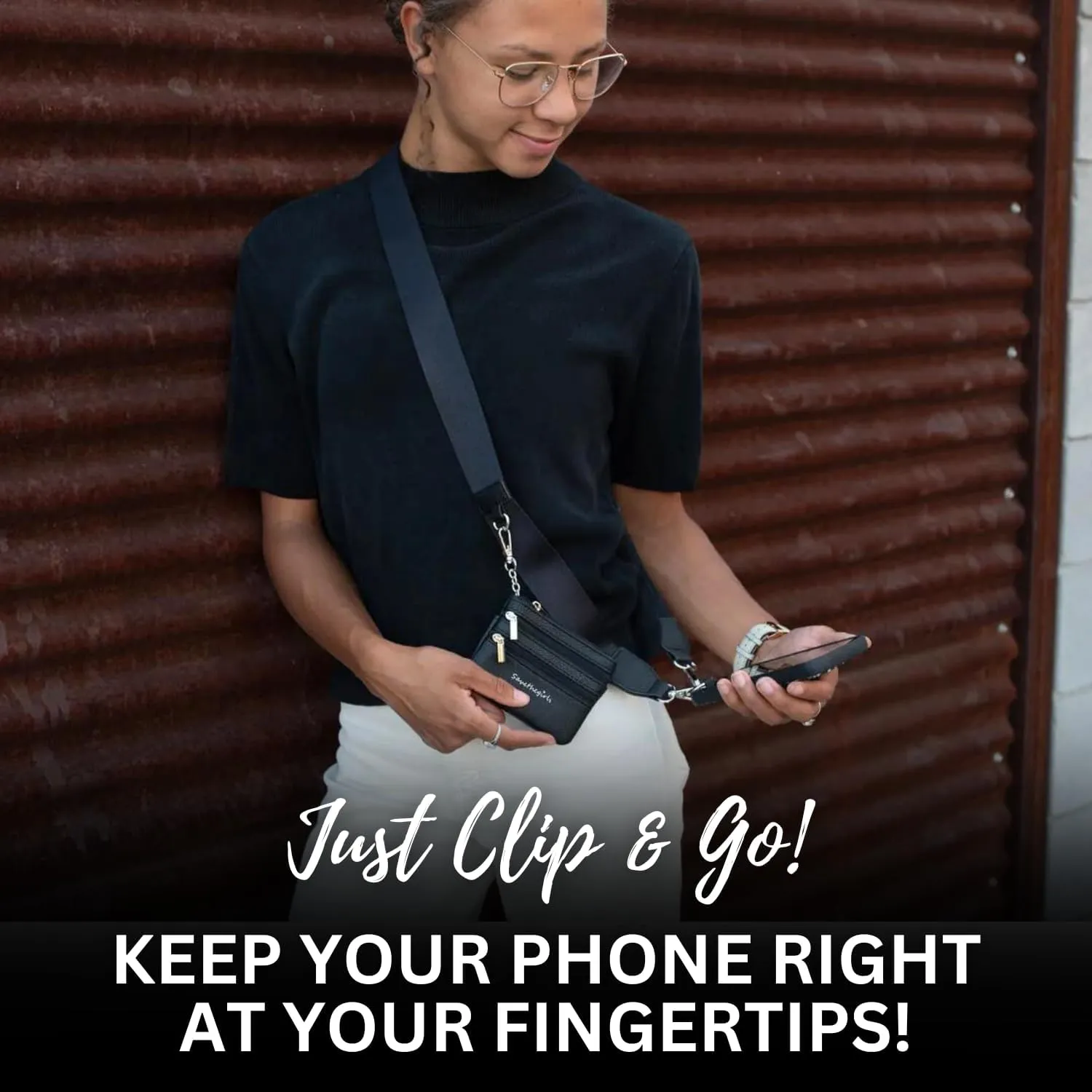 Original Clip and Go Phone Strap Original (Cowhide Print - Dark Brown Pouch) - Crossbody Phone Strap Chain with Zipper Wallet Pouch – Phone Lanyard with Zippered Pouch
