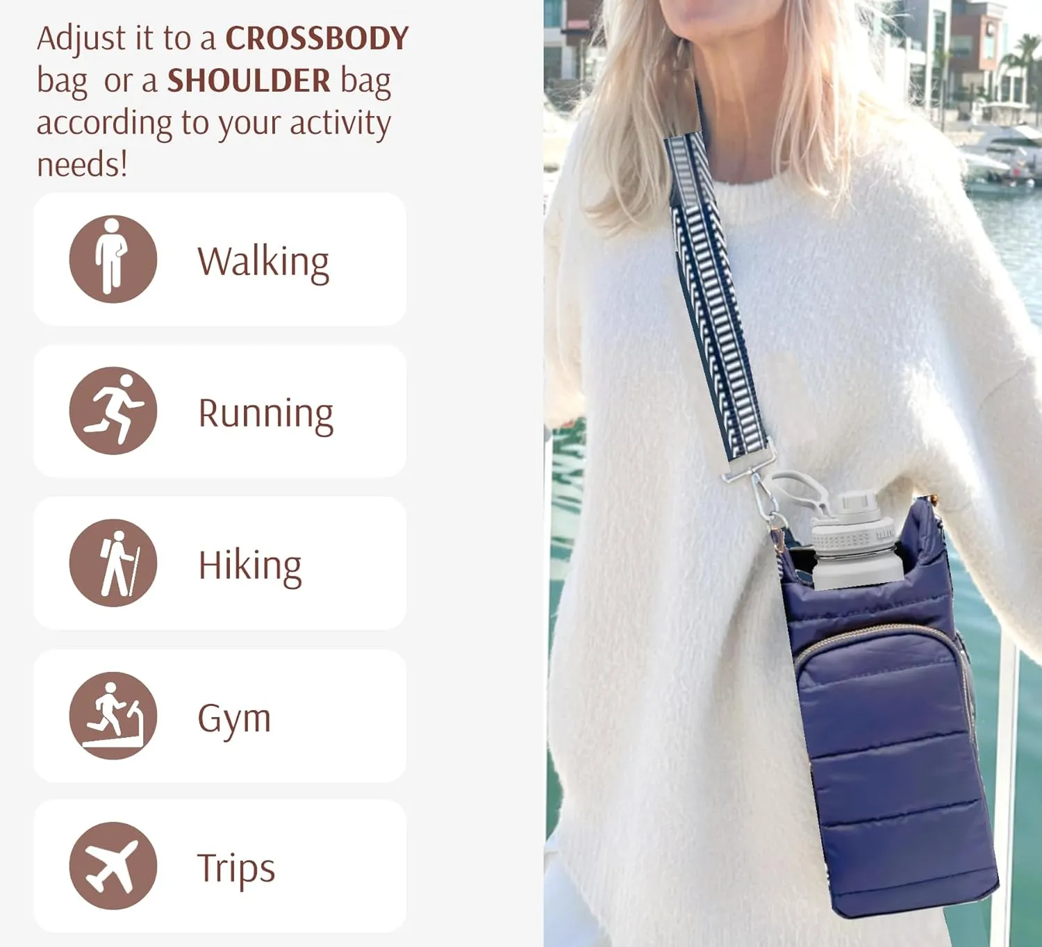 Original Crossbody Water Bottle Holder Bag with Strap.Stylish Puffer Bag.Pockets for Phone & Accessories.BEST GIFT