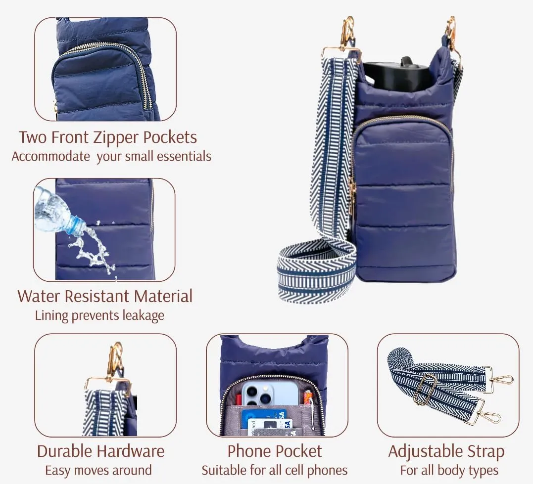 Original Crossbody Water Bottle Holder Bag with Strap.Stylish Puffer Bag.Pockets for Phone & Accessories.BEST GIFT