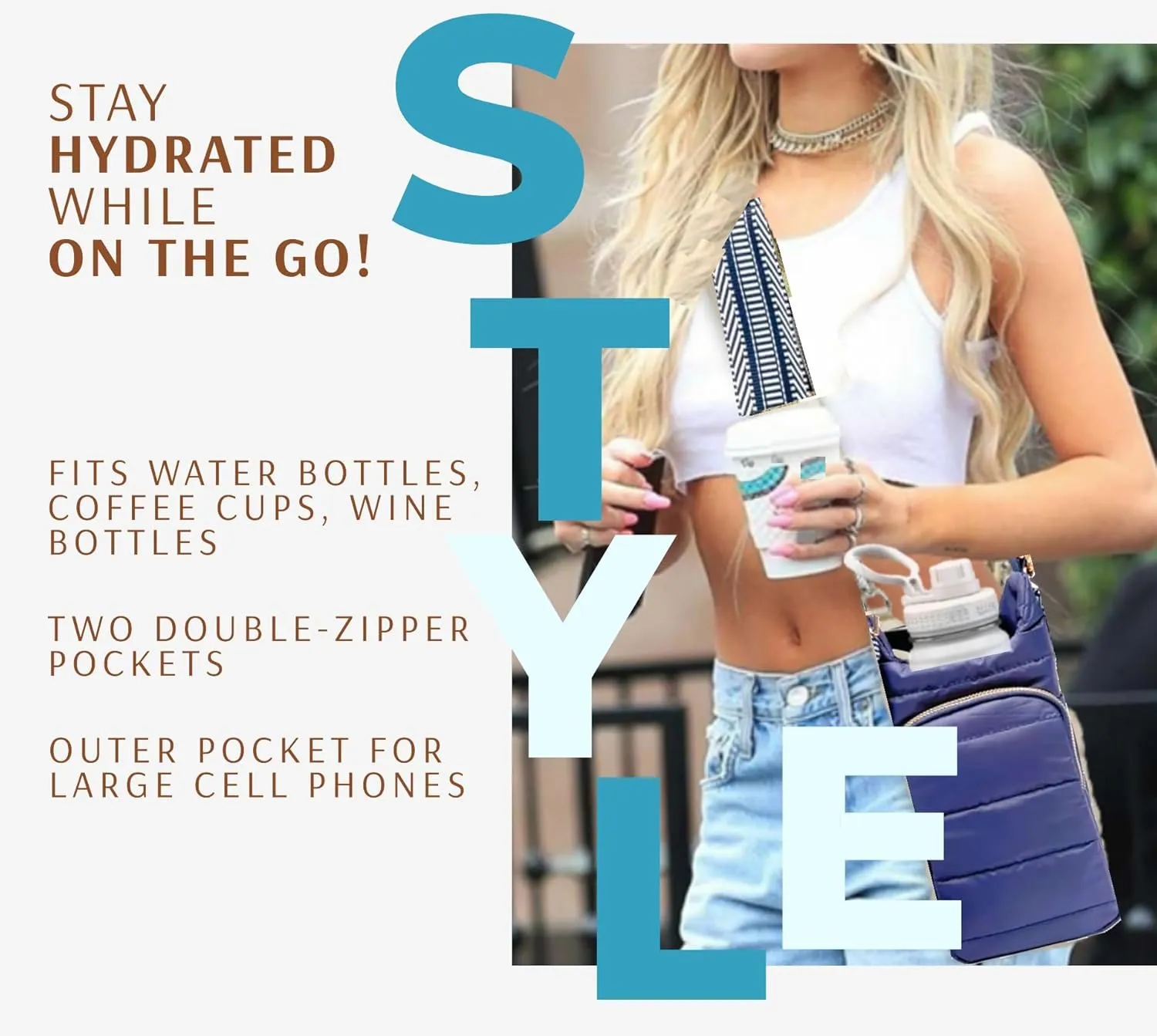 Original Crossbody Water Bottle Holder Bag with Strap.Stylish Puffer Bag.Pockets for Phone & Accessories.BEST GIFT
