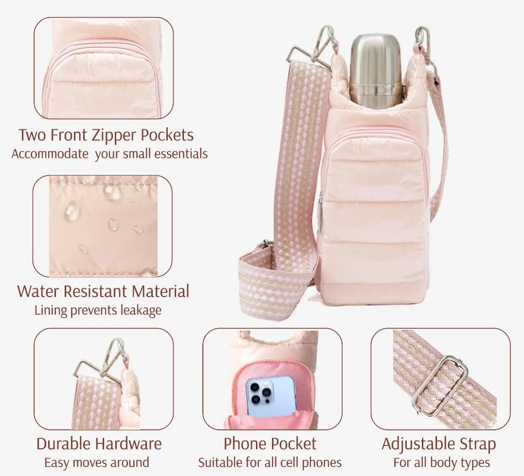 Original Crossbody Water Bottle Holder Bag with Strap.Stylish Puffer Bag.Pockets for Phone & Accessories.BEST GIFT