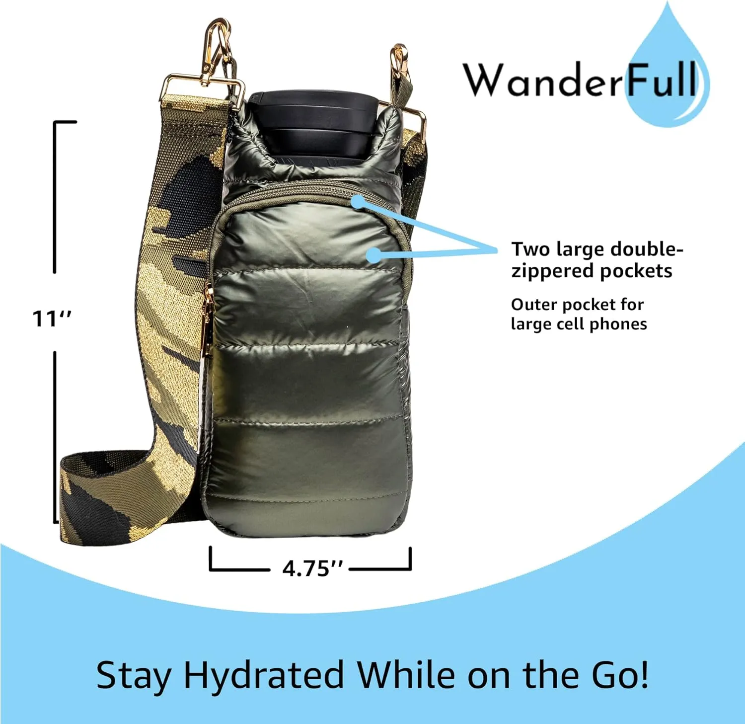 Original HydroBag | Quilted Water Bottle Holder with Strap | Tote Bottle Carrier Crossbody Bag with Pockets