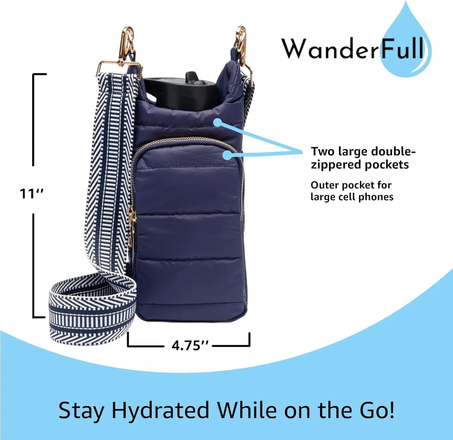 Original HydroBag | Quilted Water Bottle Holder with Strap | Tote Bottle Carrier Crossbody Bag with Pockets