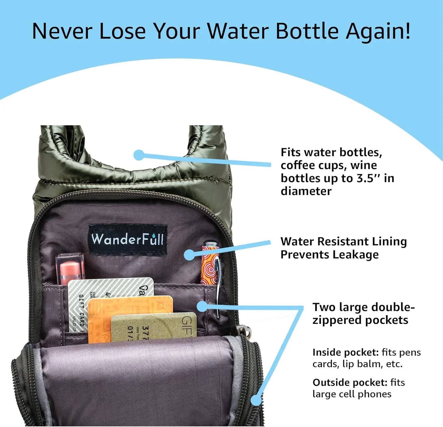 Original HydroBag | Quilted Water Bottle Holder with Strap | Tote Bottle Carrier Crossbody Bag with Pockets