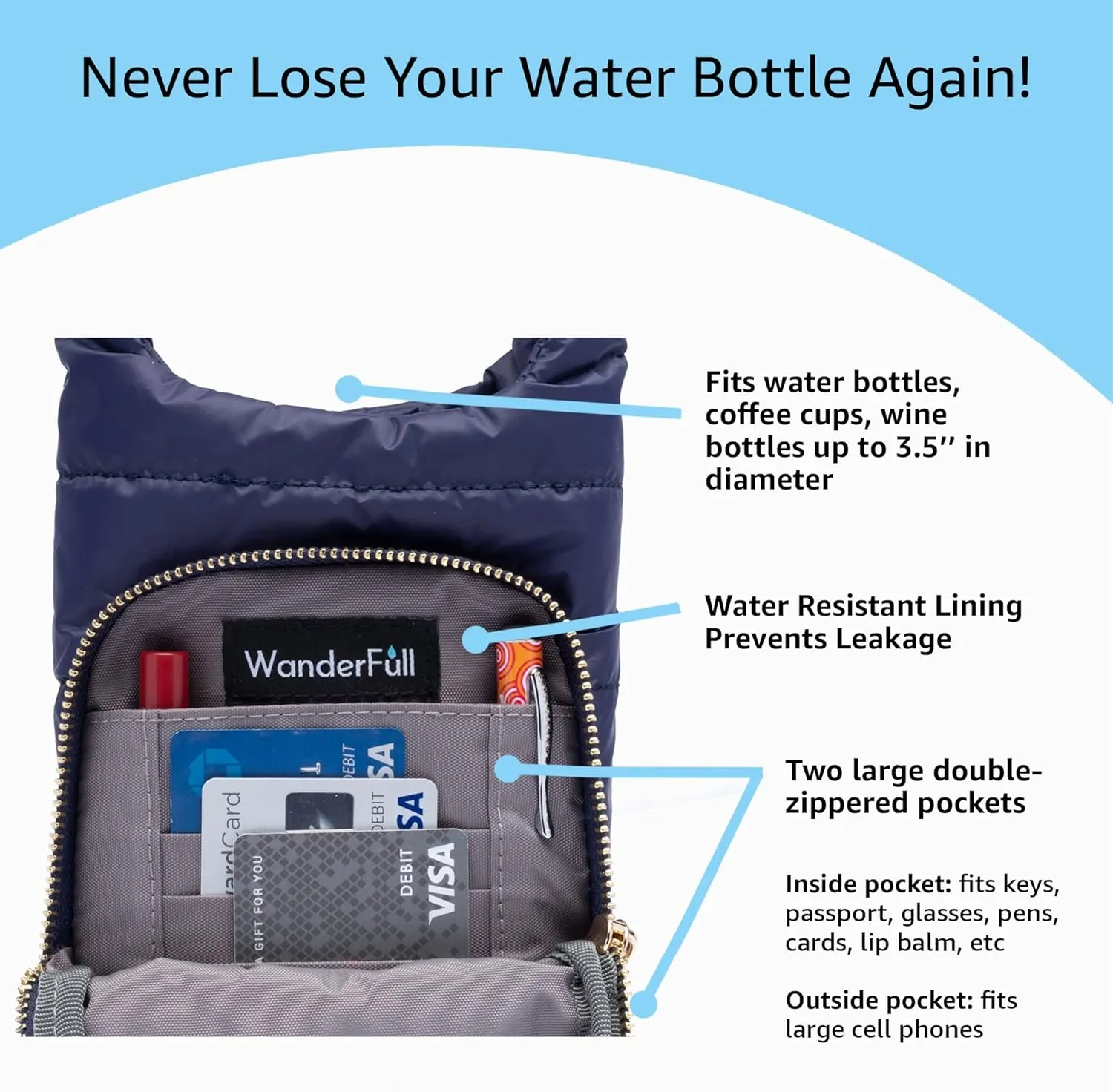 Original HydroBag | Quilted Water Bottle Holder with Strap | Tote Bottle Carrier Crossbody Bag with Pockets