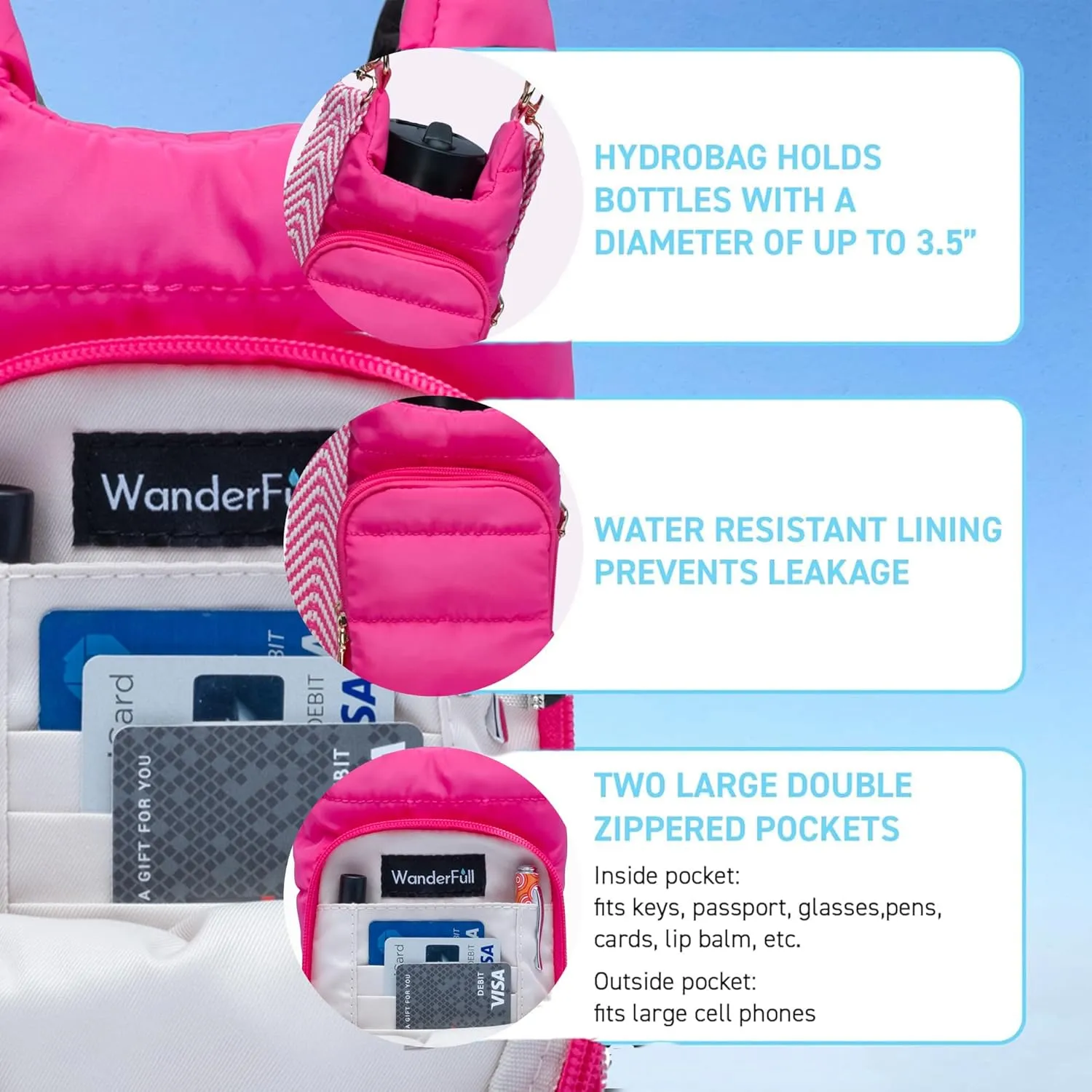Original HydroBag | Quilted Water Bottle Holder with Strap | Tote Bottle Carrier Crossbody Bag with Pockets