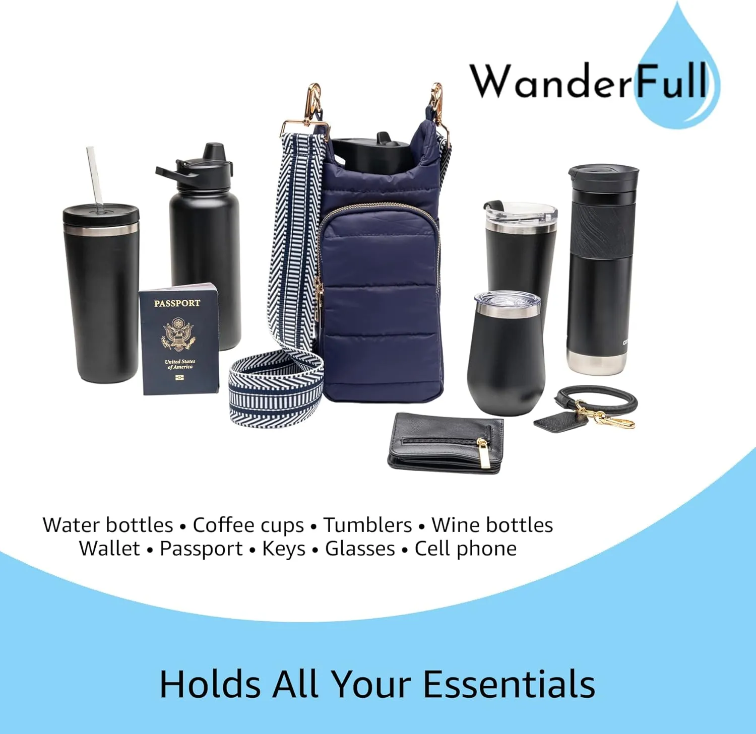 Original HydroBag | Quilted Water Bottle Holder with Strap | Tote Bottle Carrier Crossbody Bag with Pockets