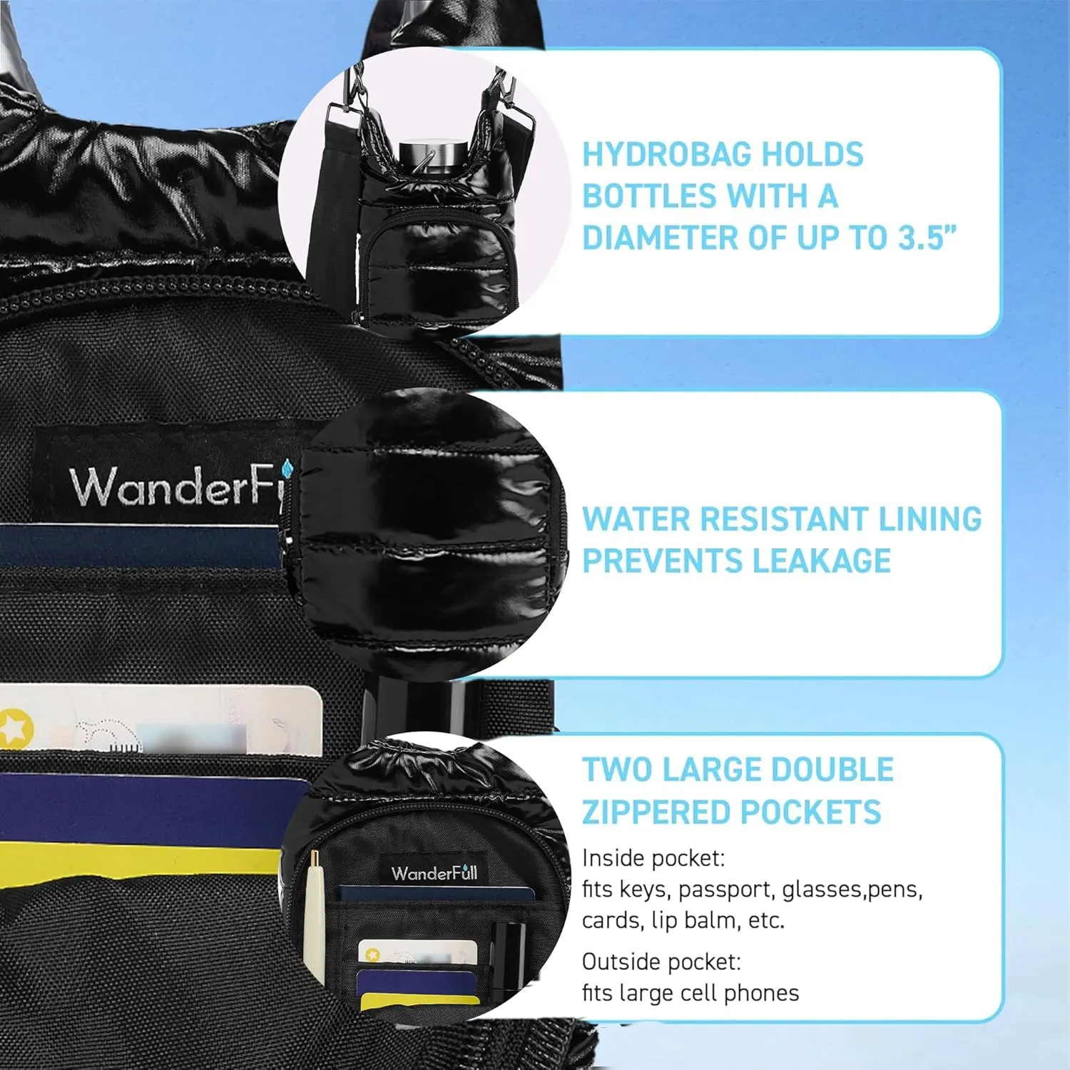 Original HydroBag | Quilted Water Bottle Holder with Strap | Tote Bottle Carrier Crossbody Bag with Pockets