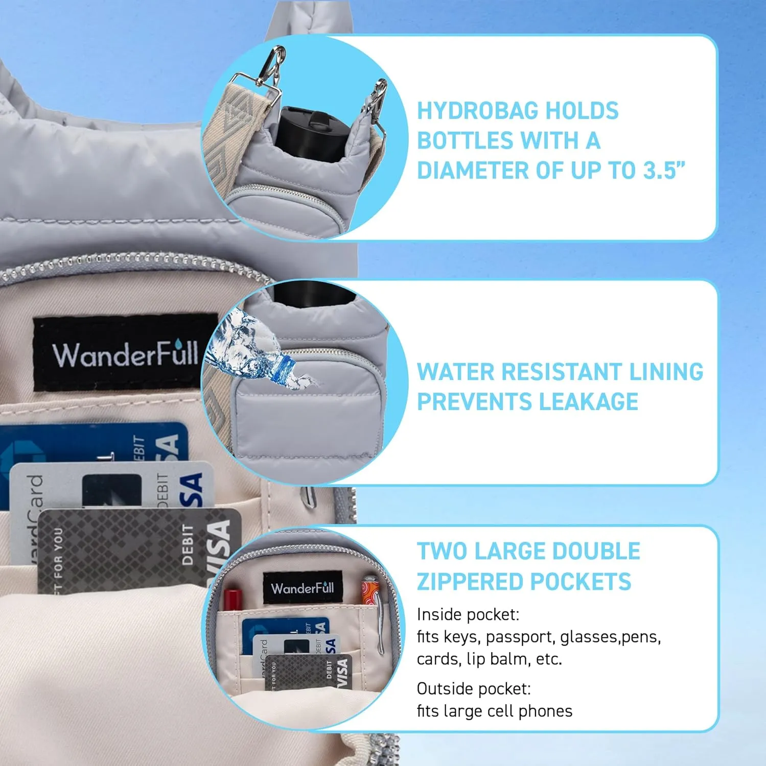 Original HydroBag | Quilted Water Bottle Holder with Strap | Tote Bottle Carrier Crossbody Bag with Pockets