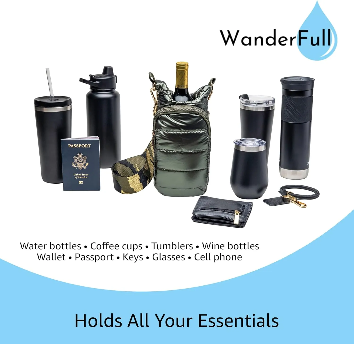 Original HydroBag | Quilted Water Bottle Holder with Strap | Tote Bottle Carrier Crossbody Bag with Pockets