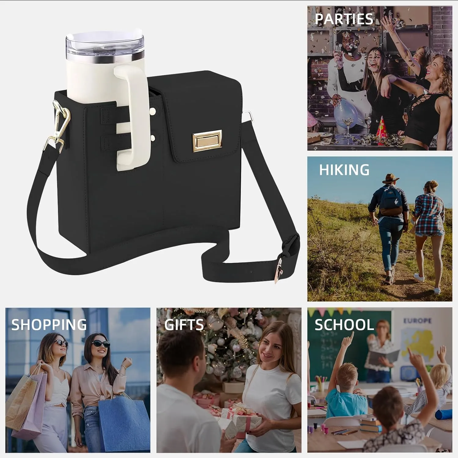 Outdoor Portable Crossbody Water Cup Storage Bag,Wear-Resistant Water Bottle Bag for Stanley 40 oz Tumble.Crossbody Bags for Women, Multifunctional Adjustable Shoulder Strap (black)