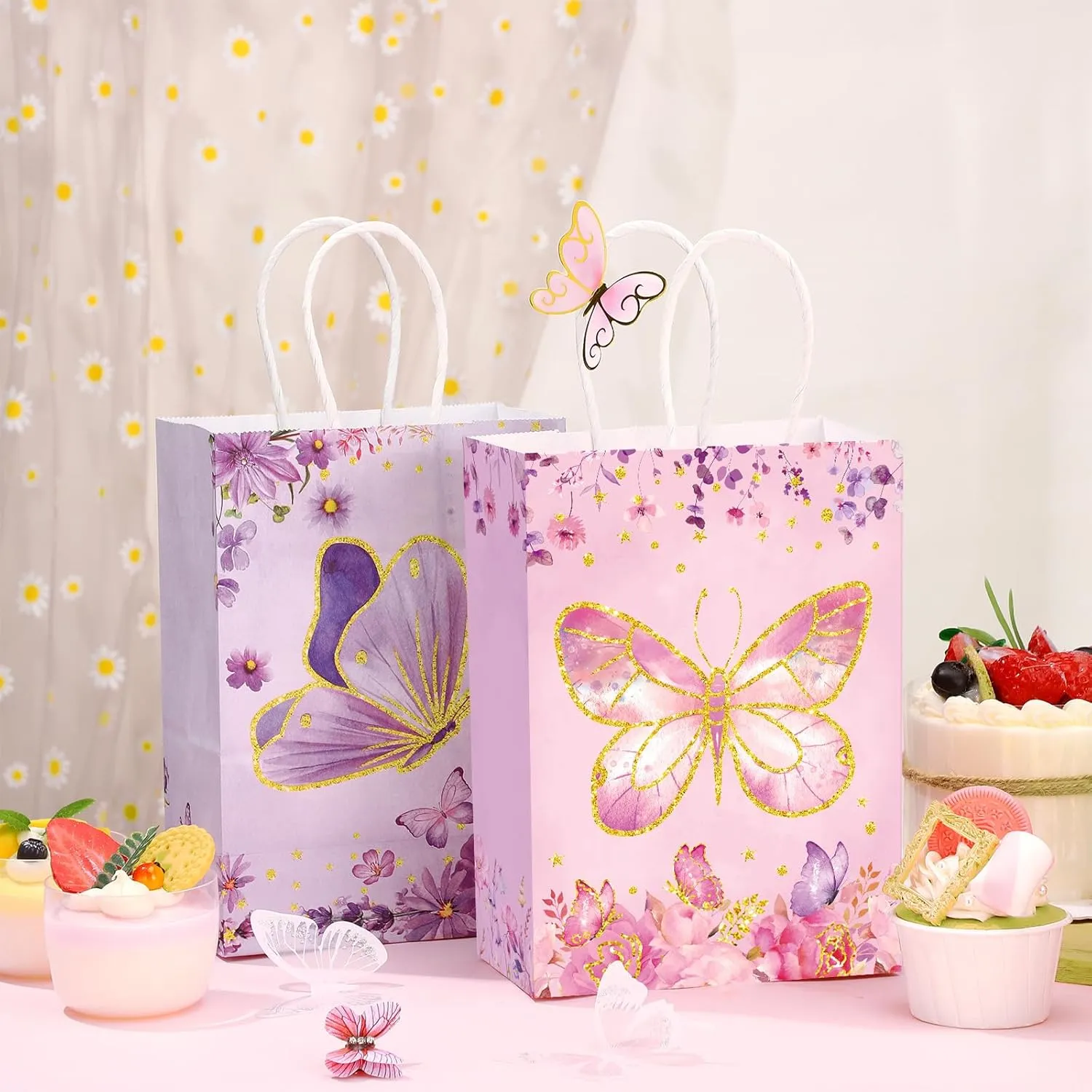Outus 24 Pcs Butterfly Party Favors Bags Butterfly Goodie Gift Paper Bags with Handles Purple Blue Pink Spring Thank You Candy Treat Tote Pouch for Baby Shower Birthday Party Decoration Supplies