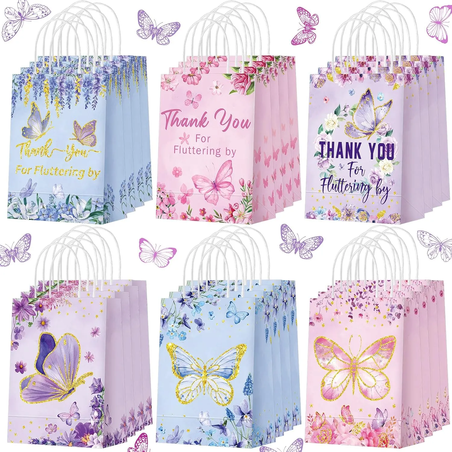 Outus 24 Pcs Butterfly Party Favors Bags Butterfly Goodie Gift Paper Bags with Handles Purple Blue Pink Spring Thank You Candy Treat Tote Pouch for Baby Shower Birthday Party Decoration Supplies