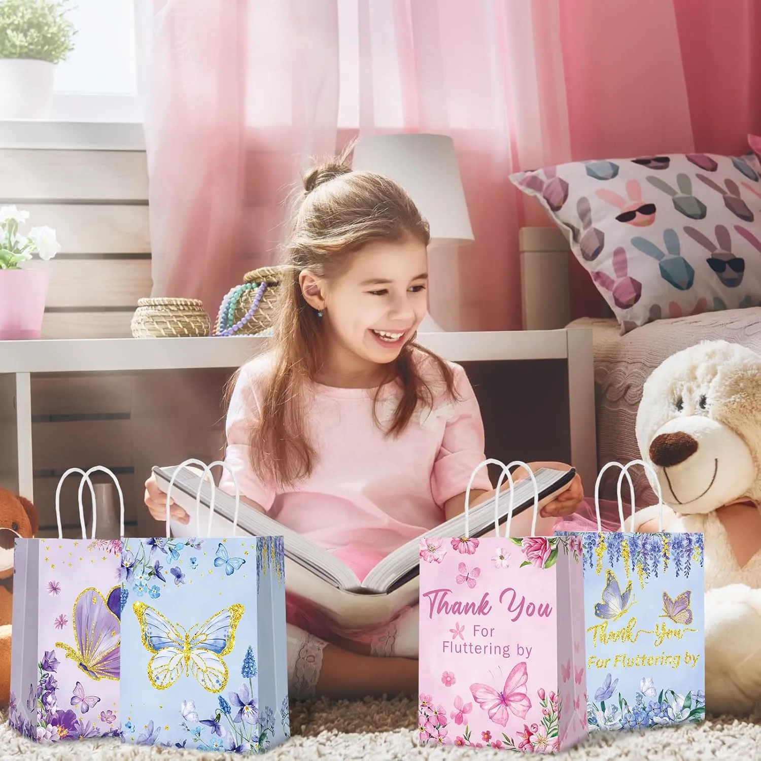 Outus 24 Pcs Butterfly Party Favors Bags Butterfly Goodie Gift Paper Bags with Handles Purple Blue Pink Spring Thank You Candy Treat Tote Pouch for Baby Shower Birthday Party Decoration Supplies