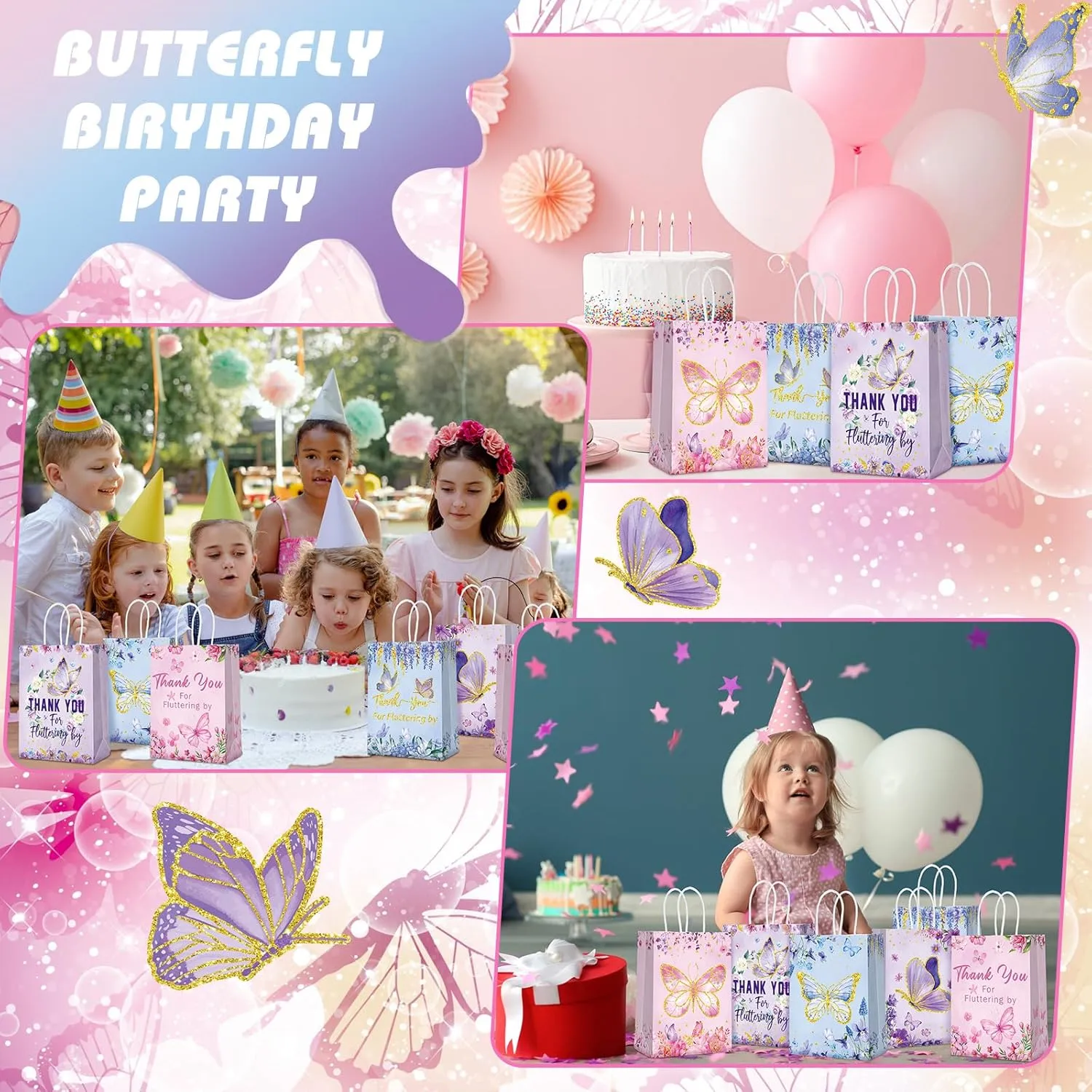 Outus 24 Pcs Butterfly Party Favors Bags Butterfly Goodie Gift Paper Bags with Handles Purple Blue Pink Spring Thank You Candy Treat Tote Pouch for Baby Shower Birthday Party Decoration Supplies