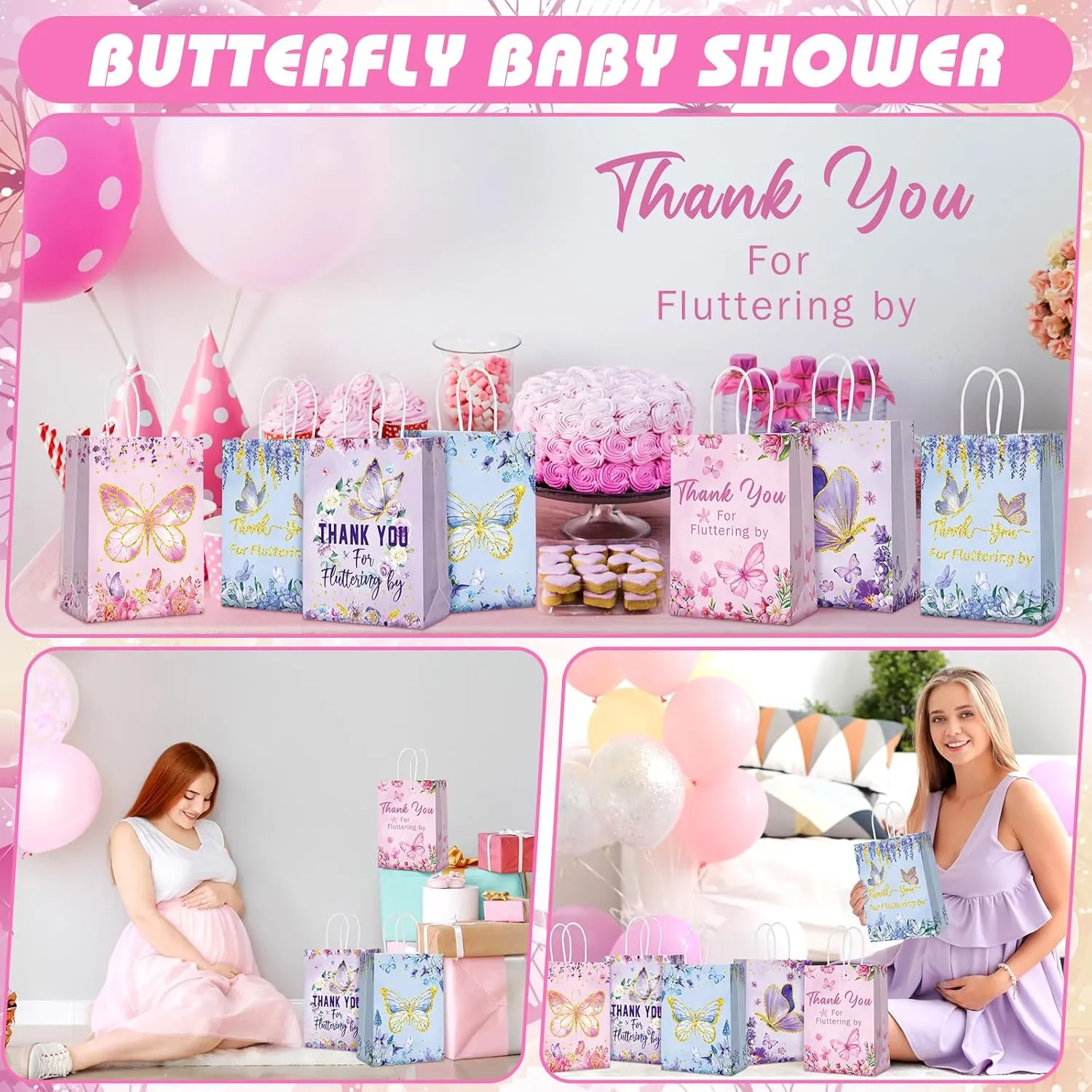 Outus 24 Pcs Butterfly Party Favors Bags Butterfly Goodie Gift Paper Bags with Handles Purple Blue Pink Spring Thank You Candy Treat Tote Pouch for Baby Shower Birthday Party Decoration Supplies