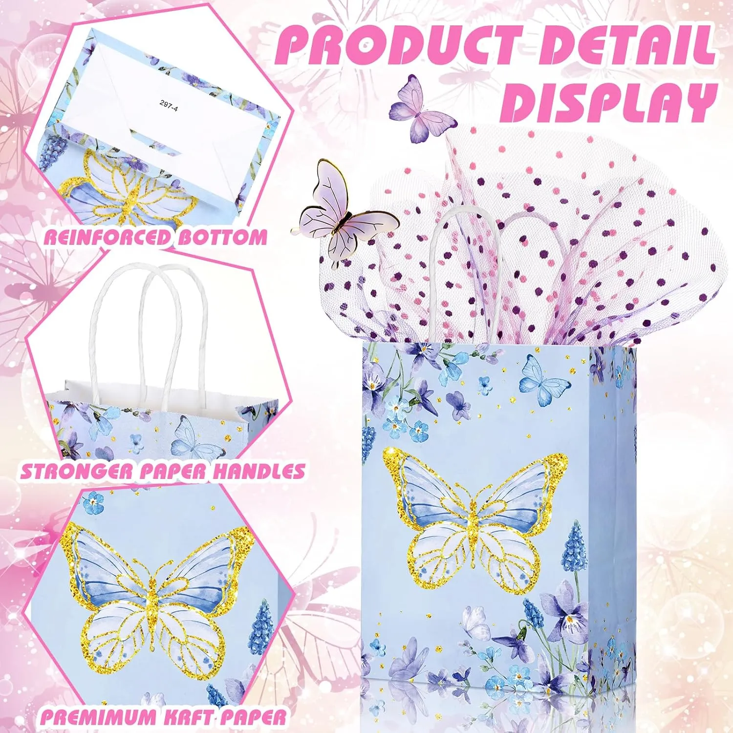 Outus 24 Pcs Butterfly Party Favors Bags Butterfly Goodie Gift Paper Bags with Handles Purple Blue Pink Spring Thank You Candy Treat Tote Pouch for Baby Shower Birthday Party Decoration Supplies