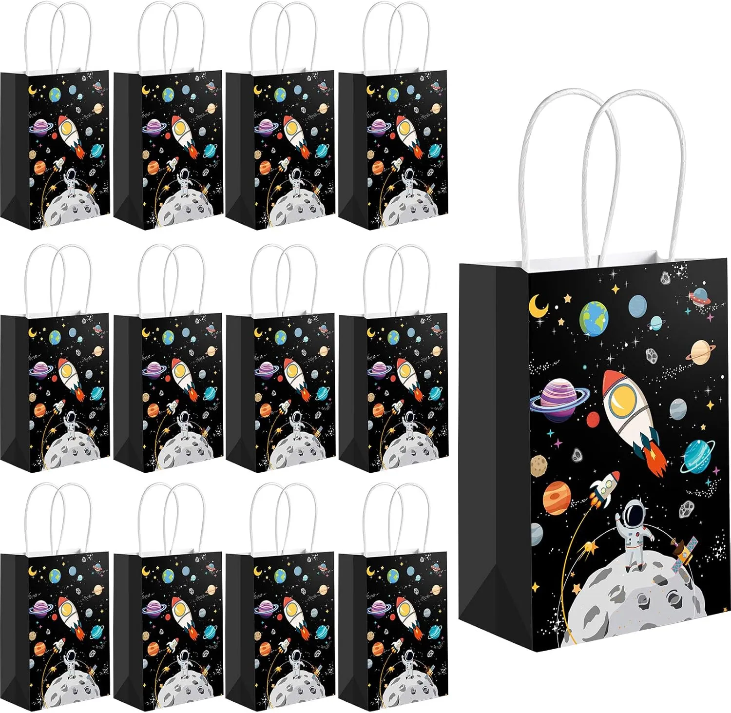 Outus 24 Pcs Outer Space Gift Bags Paper Space Treat Bags with Handles Planet Galaxy Party Favor for Birthday Galaxy Theme Party Supplies