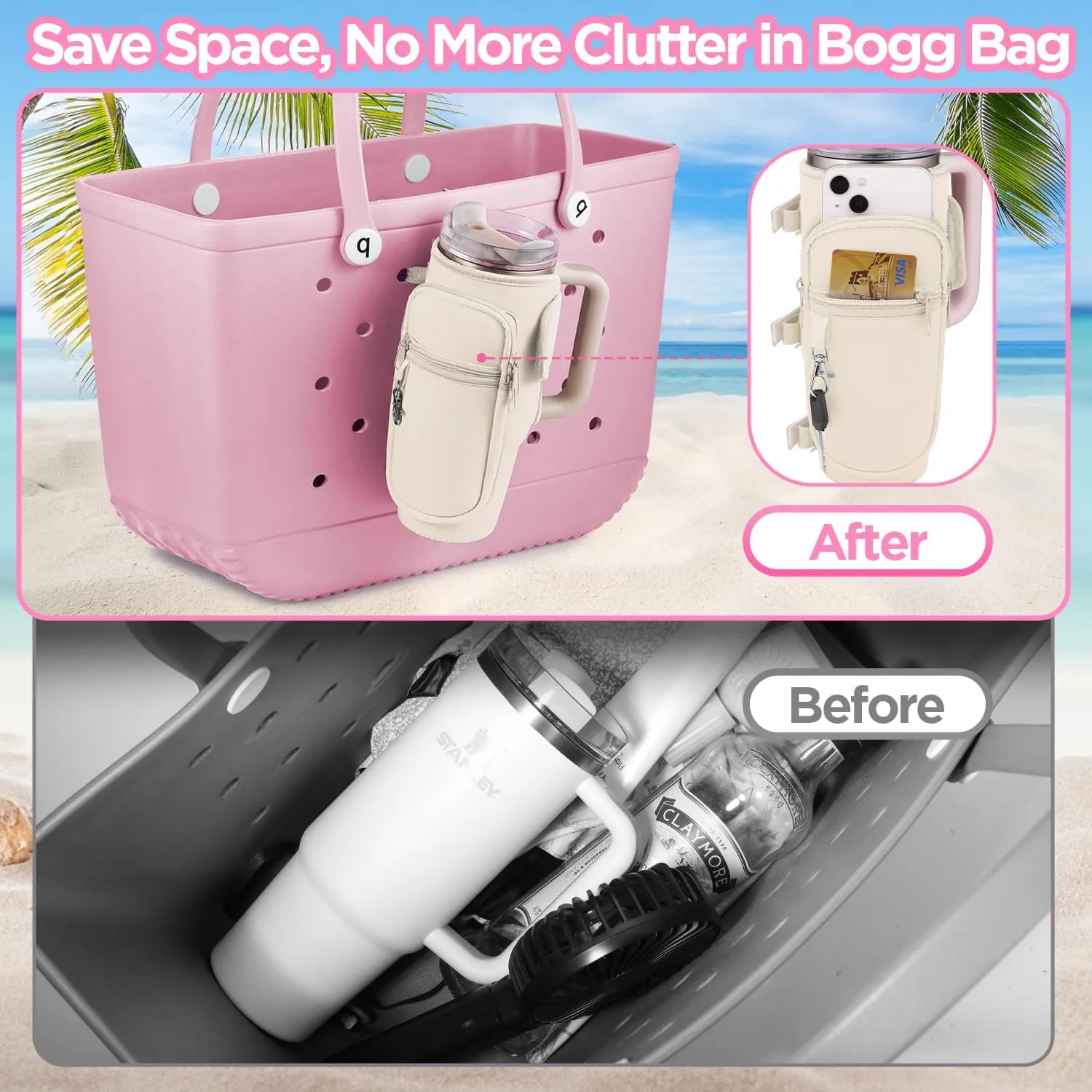 OUTXE 2 Pack Bogg Bag Cup Holder for Stanley 40/30 oz, Large Drink Holder Attachment with Phone Pouch Key Hook, Water Bottle Accessories for Simply Southern Simple Modern Tote Beach Bag