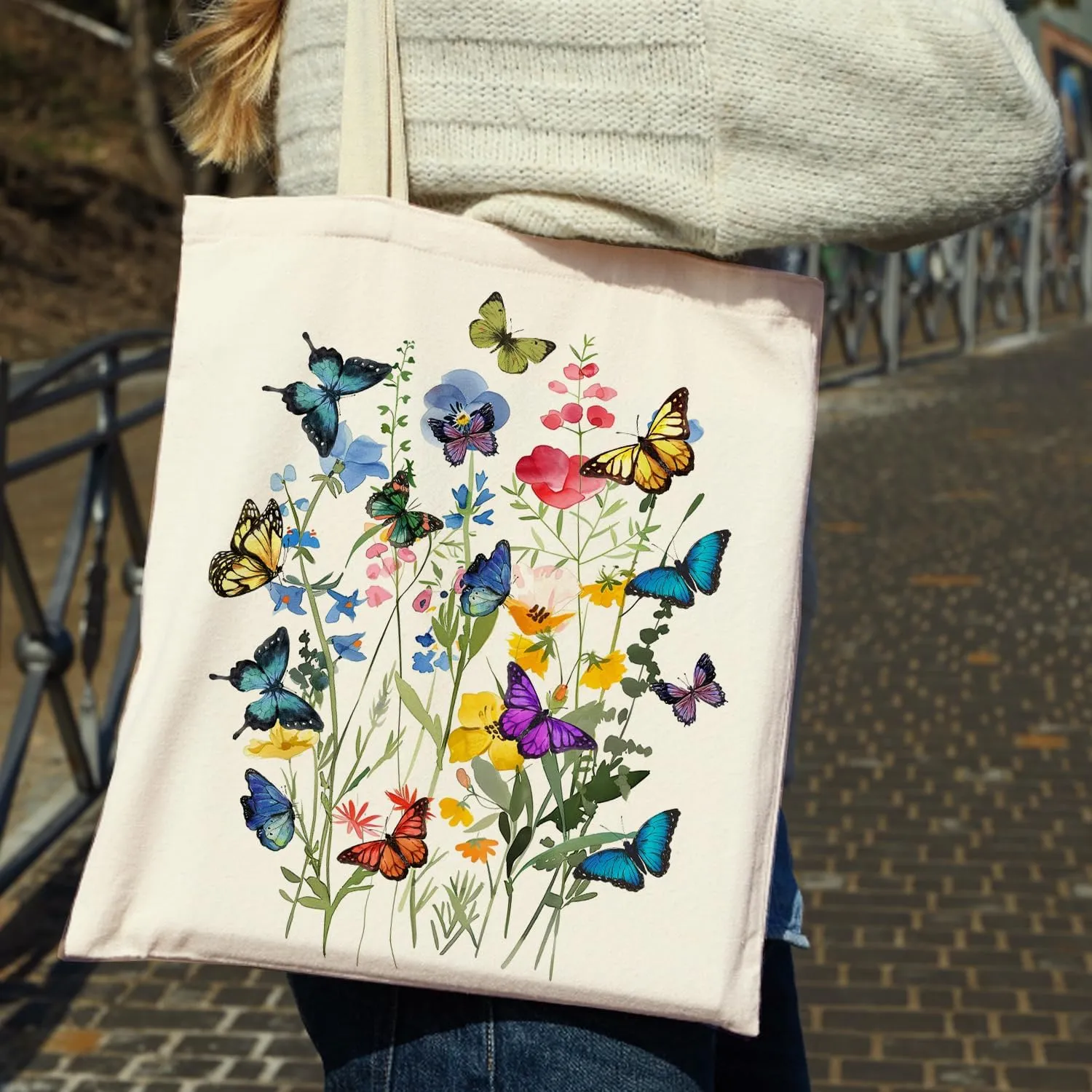 OUZ Flower Tote Bag, Aesthetic Wildflower Tote Bag, Canvas Tote Bag for Women Beach Bag Shopping Bags Reusable Grocery Bags