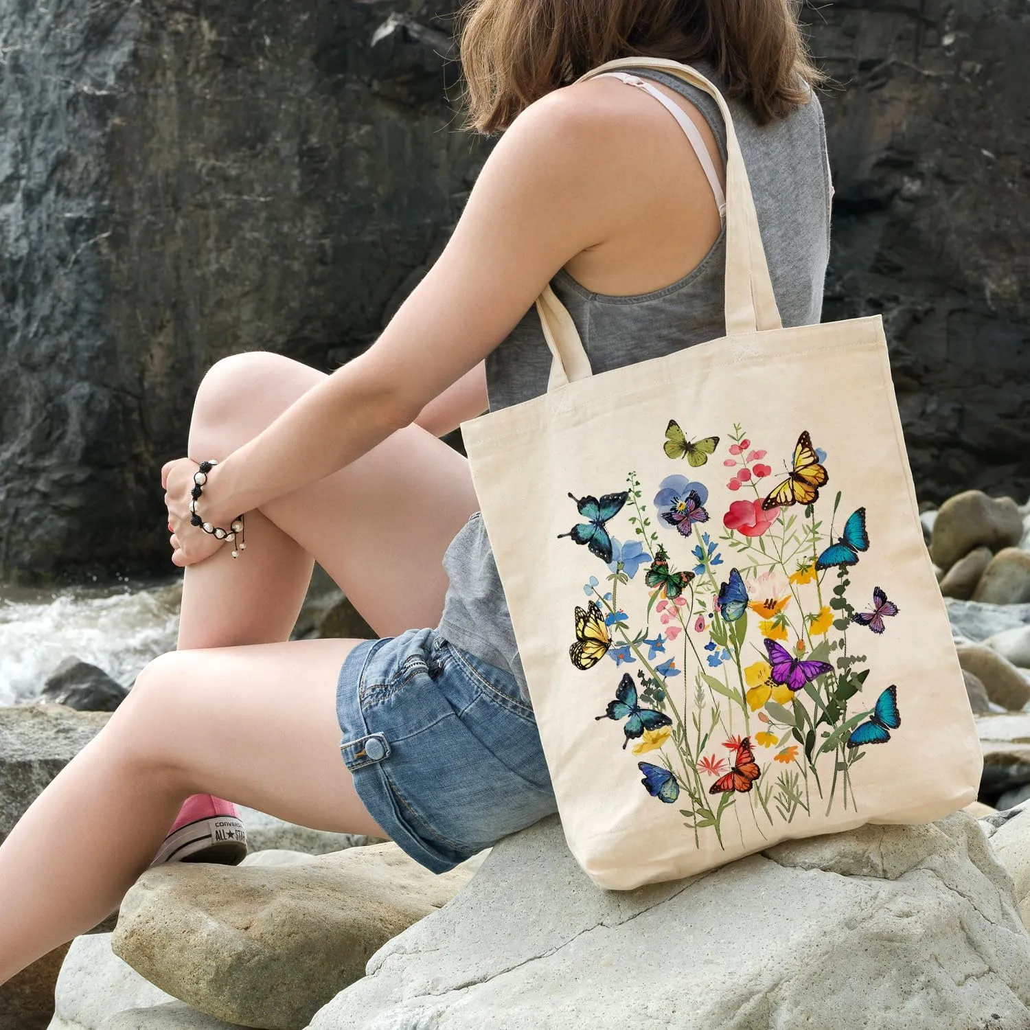 OUZ Flower Tote Bag, Aesthetic Wildflower Tote Bag, Canvas Tote Bag for Women Beach Bag Shopping Bags Reusable Grocery Bags
