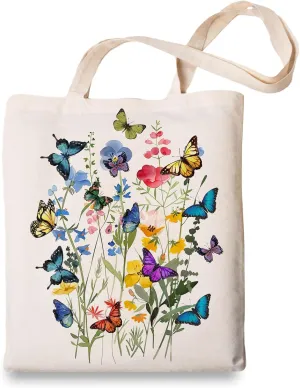 OUZ Flower Tote Bag, Aesthetic Wildflower Tote Bag, Canvas Tote Bag for Women Beach Bag Shopping Bags Reusable Grocery Bags