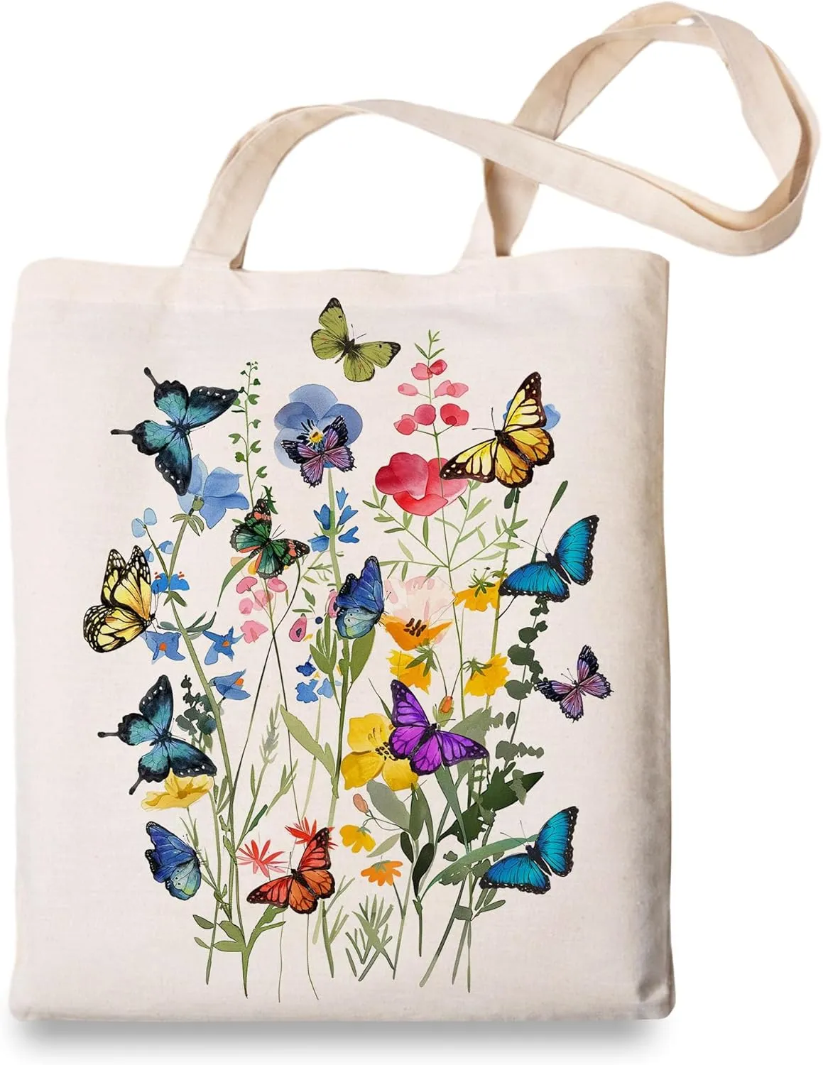 OUZ Flower Tote Bag, Aesthetic Wildflower Tote Bag, Canvas Tote Bag for Women Beach Bag Shopping Bags Reusable Grocery Bags