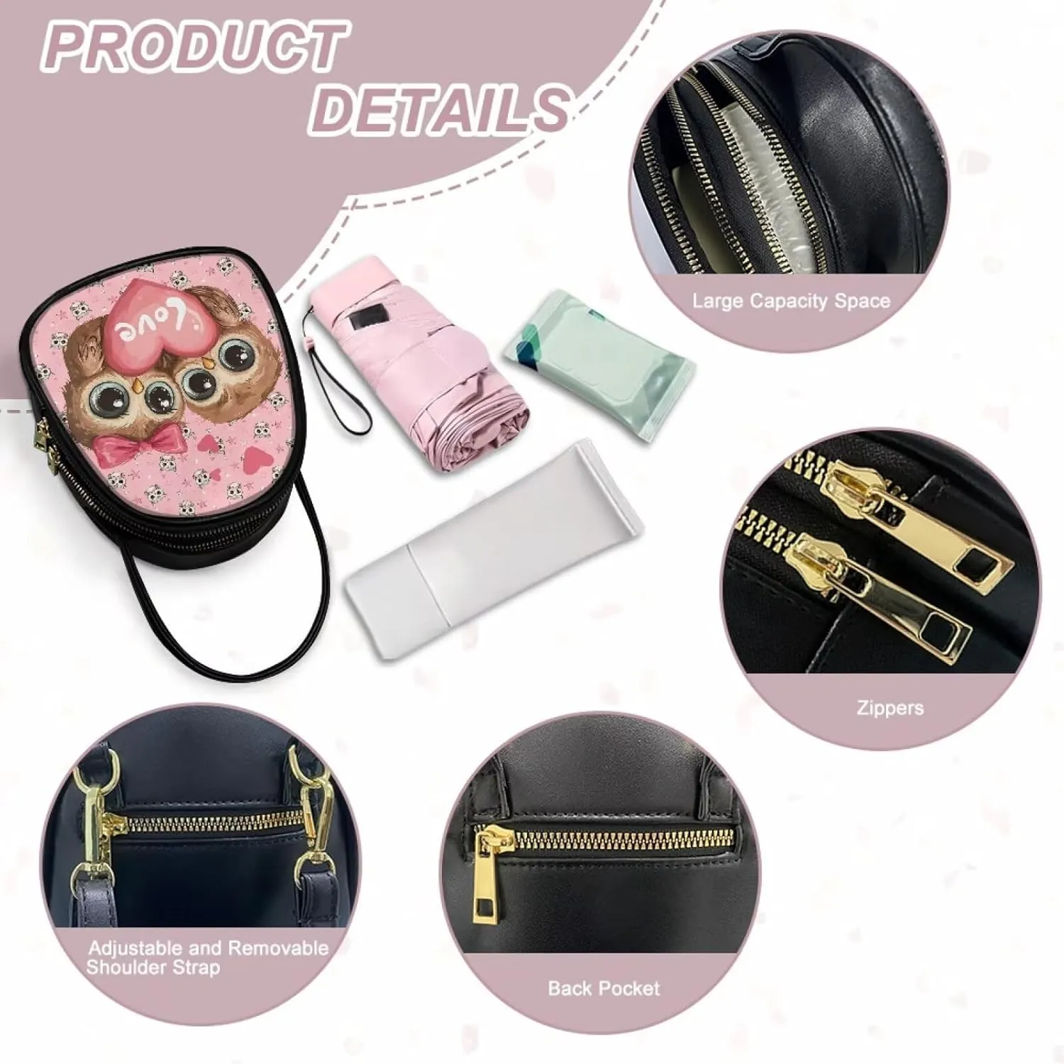 Owls Shoulder Bag Purse for Women PU Leather Crossbody Cell Phone Holder, Small Sling Bag Travel Handbag Zipper