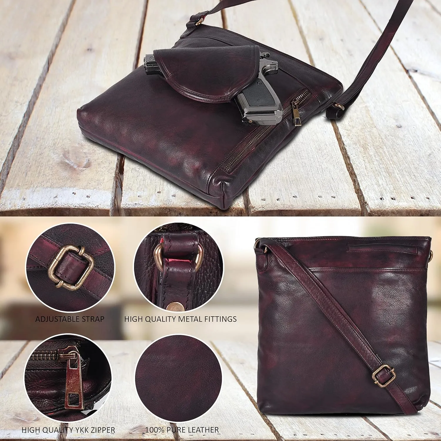 Ozora Multi Pockets Handmade Leather Crossbody Handbags & Sling Bag for Men & Women with Detachable Holster