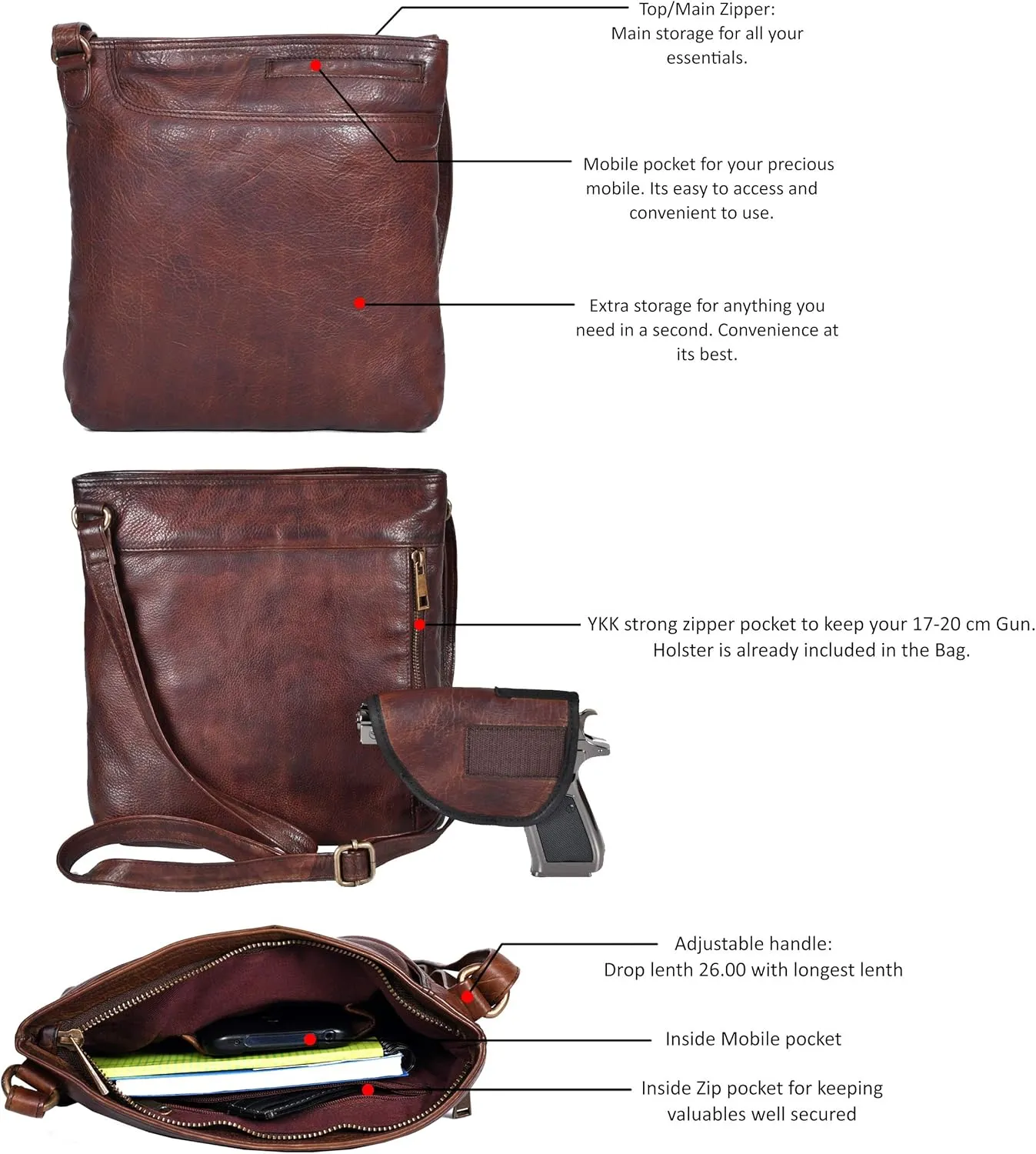 Ozora Multi Pockets Handmade Leather Crossbody Handbags & Sling Bag for Men & Women with Detachable Holster