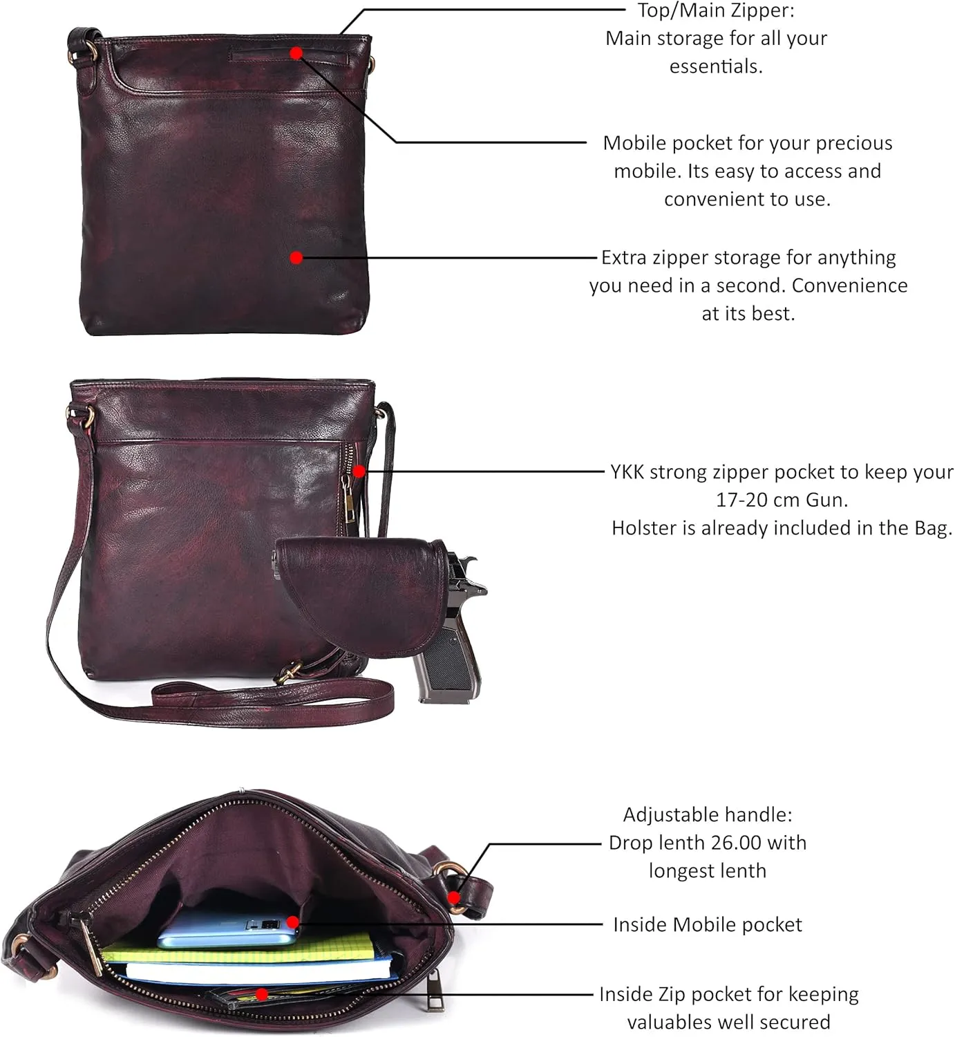 Ozora Multi Pockets Handmade Leather Crossbody Handbags & Sling Bag for Men & Women with Detachable Holster