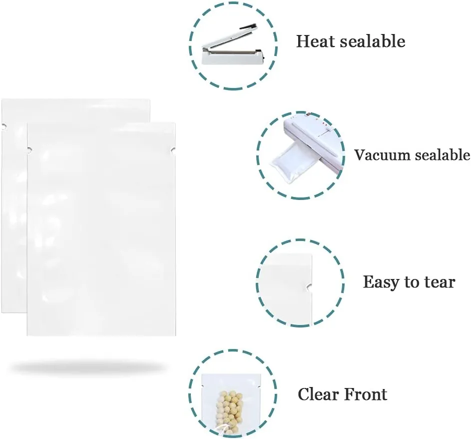 PABCK 100 Pack 3.9x5.9 inch (Usable Size 3.5x5.7 inch) White Front Clear Open Top 2.8mil Plastic Vacuum Pouch Heat Sealable Bags for Food Storage Packets Mini Sample with Tear Notches